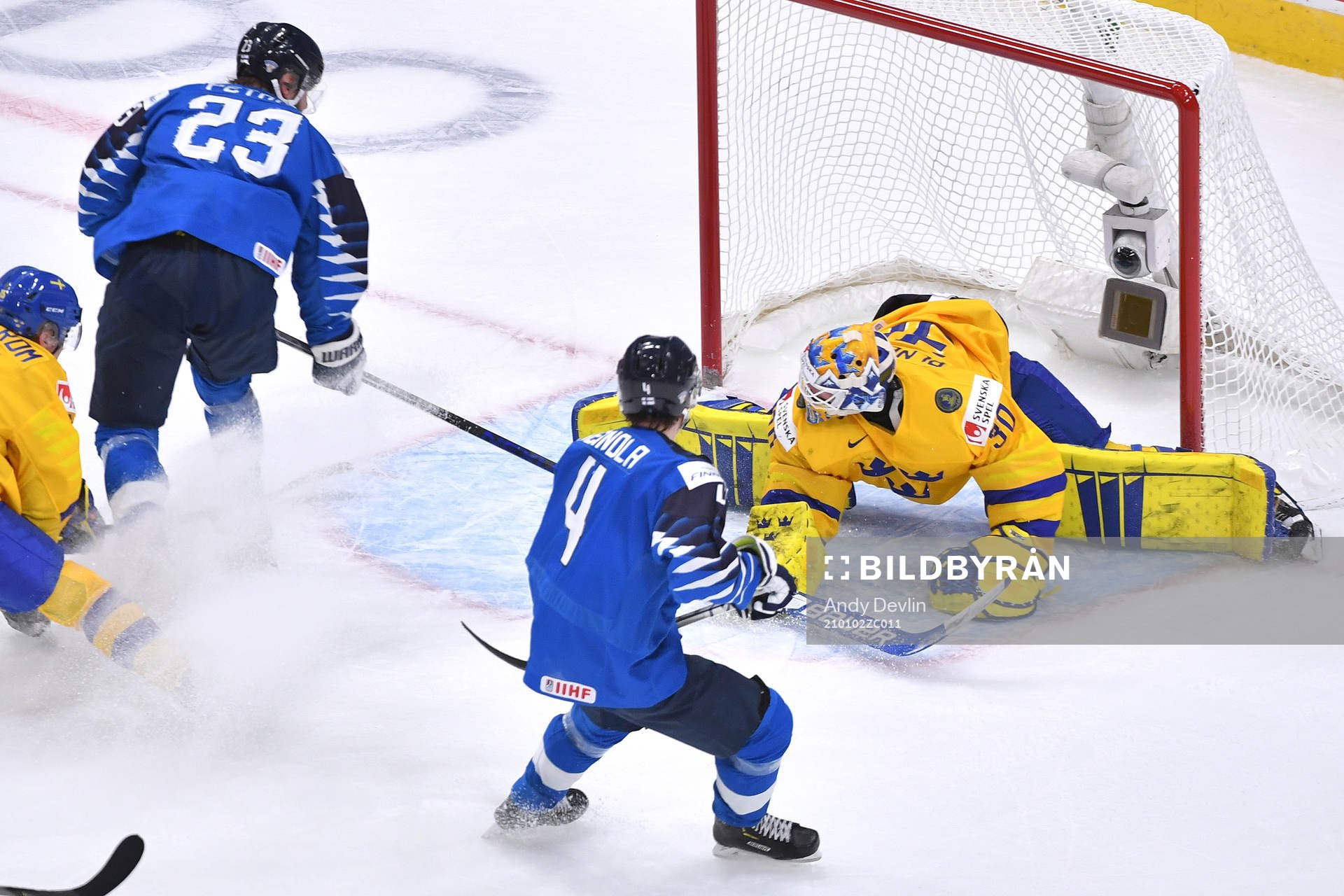 Hugo Alnefelt of Sweden makes a pad save against Mikko