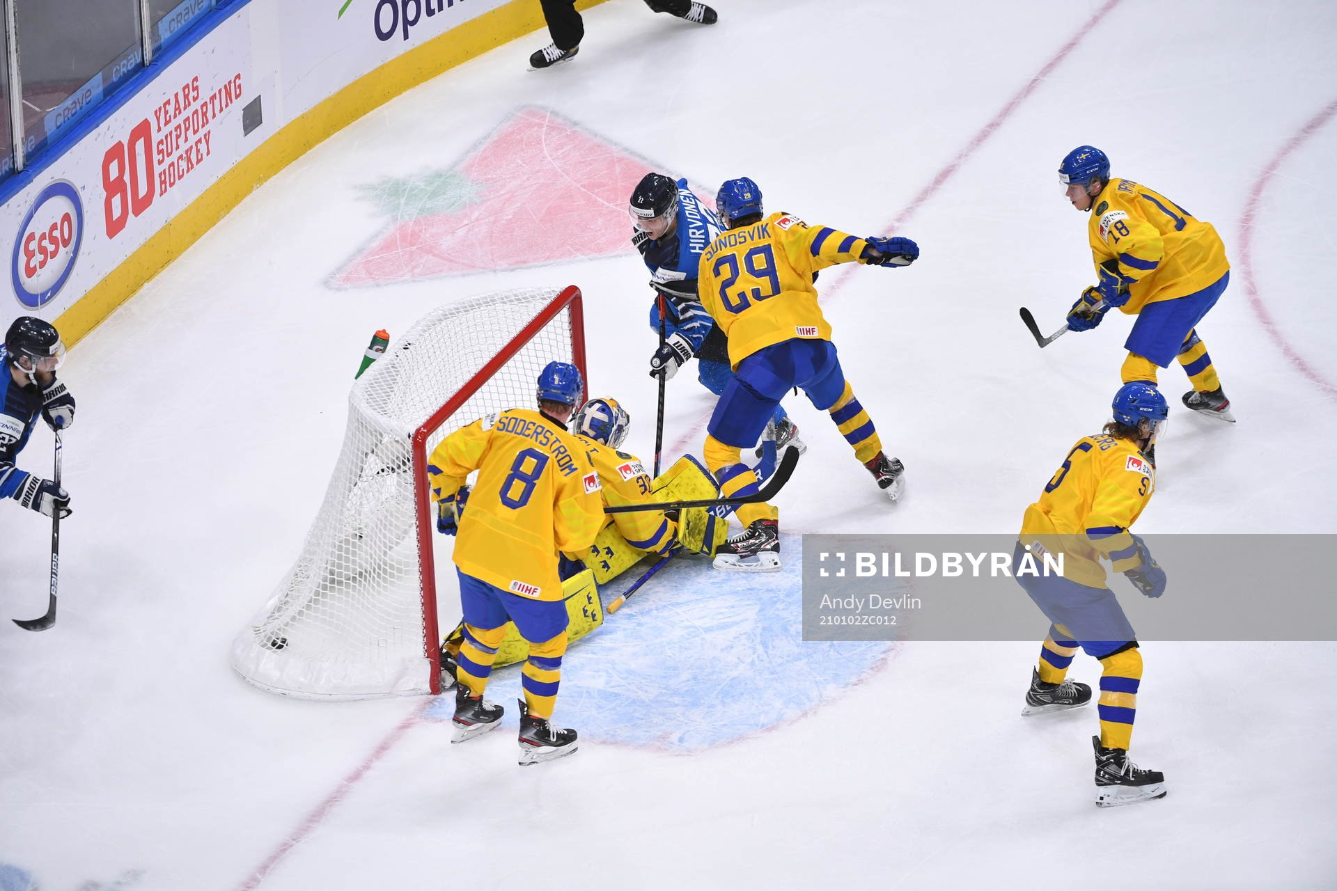 Roni Hirvonen of Finland scores the game winning goal