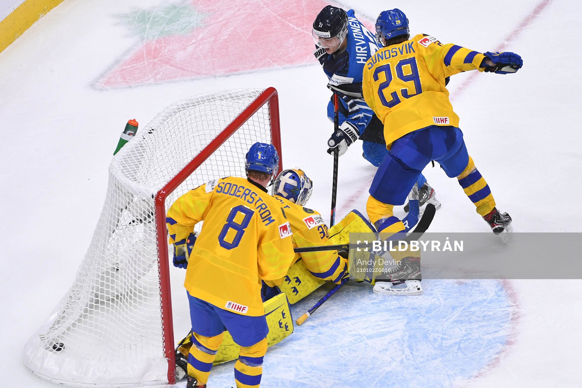 Roni Hirvonen of Finland scores the game winning goal