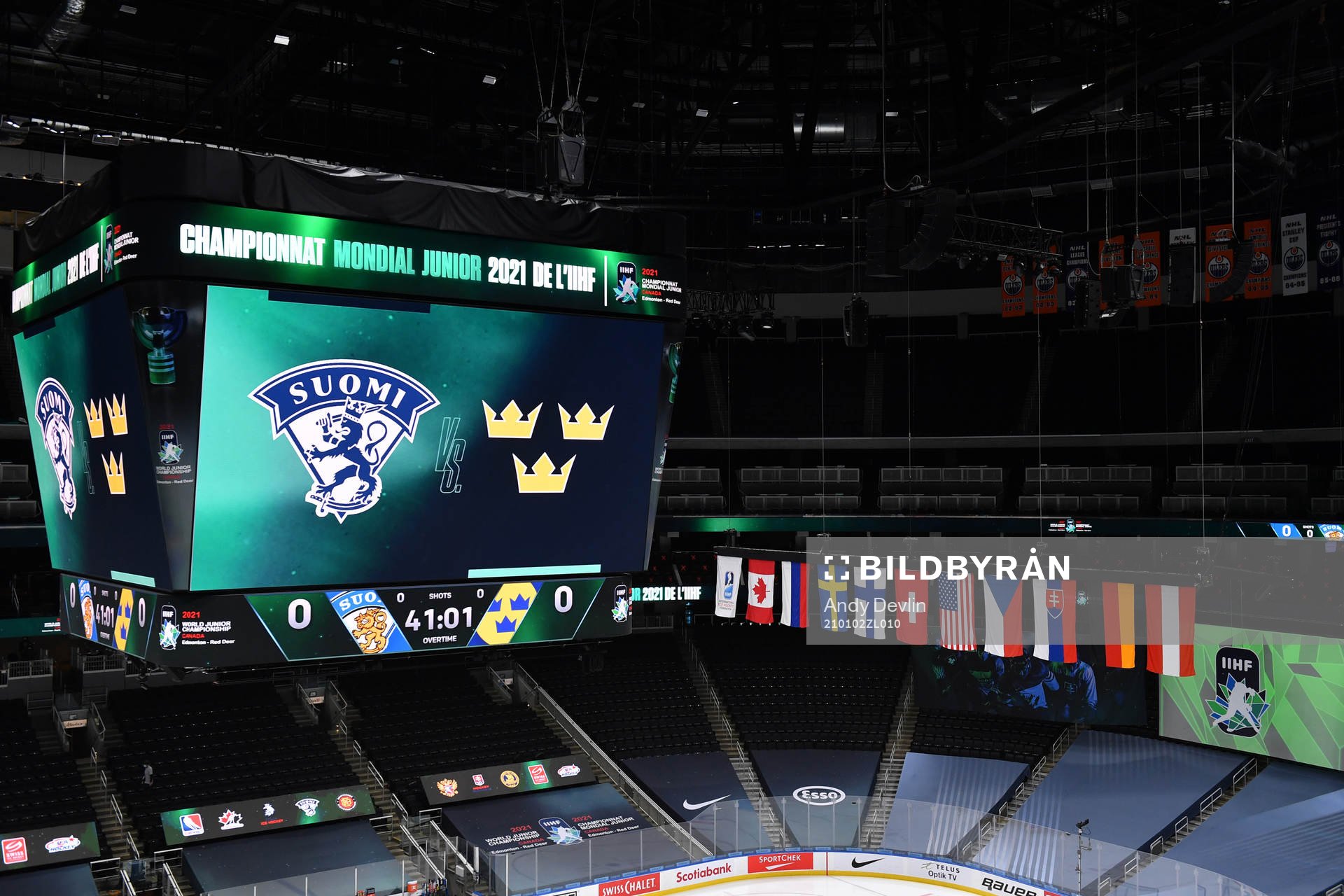 The score clock at Rogers Place displays the logos of both