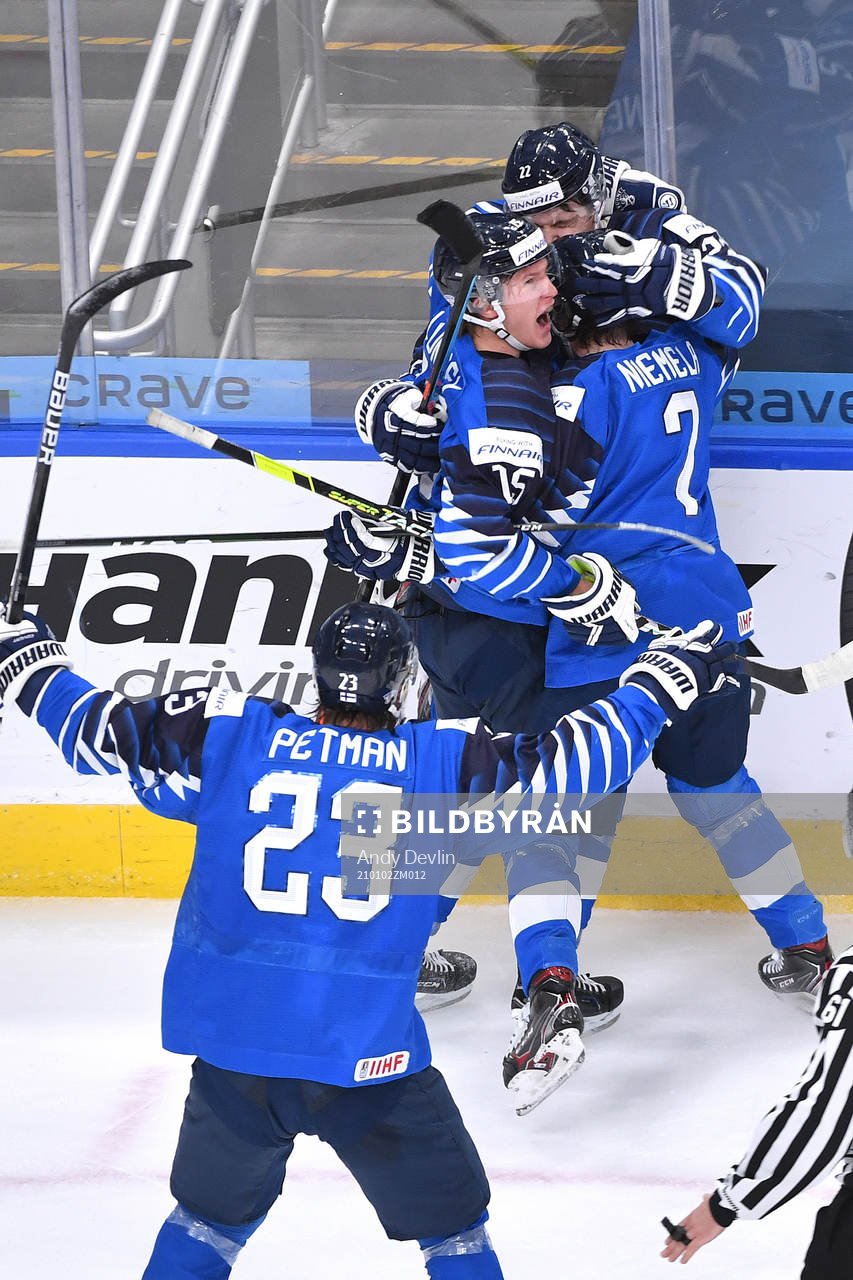 Roni Hirvonen of Finland celebrates the game winning goal