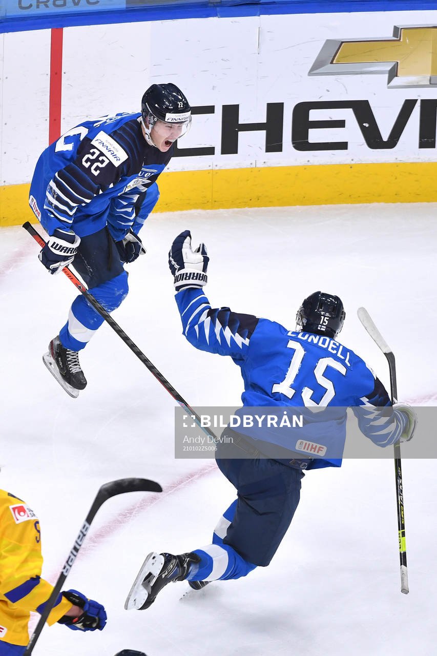 Roni Hirvonen of Finland celebrates the game winning goal