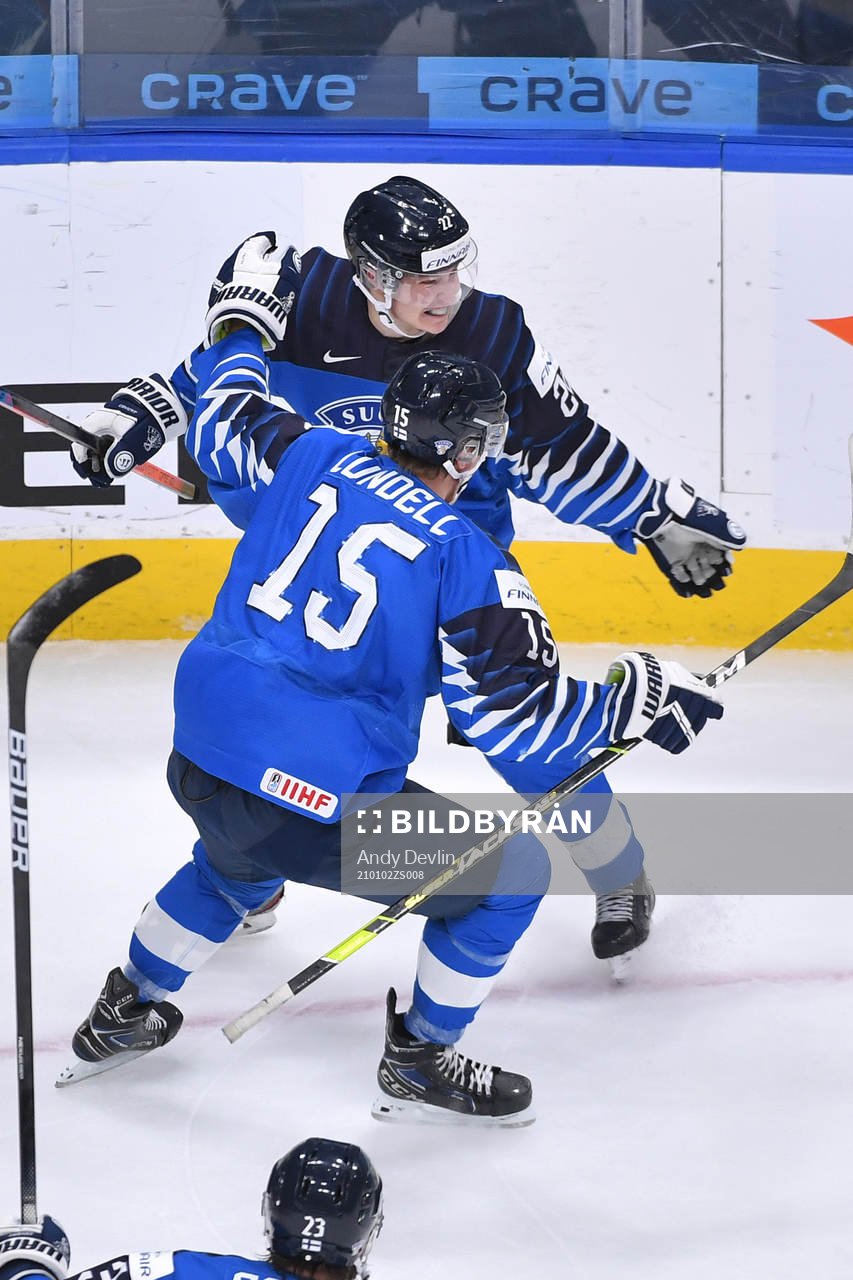 Roni Hirvonen of Finland celebrates the game winning goal