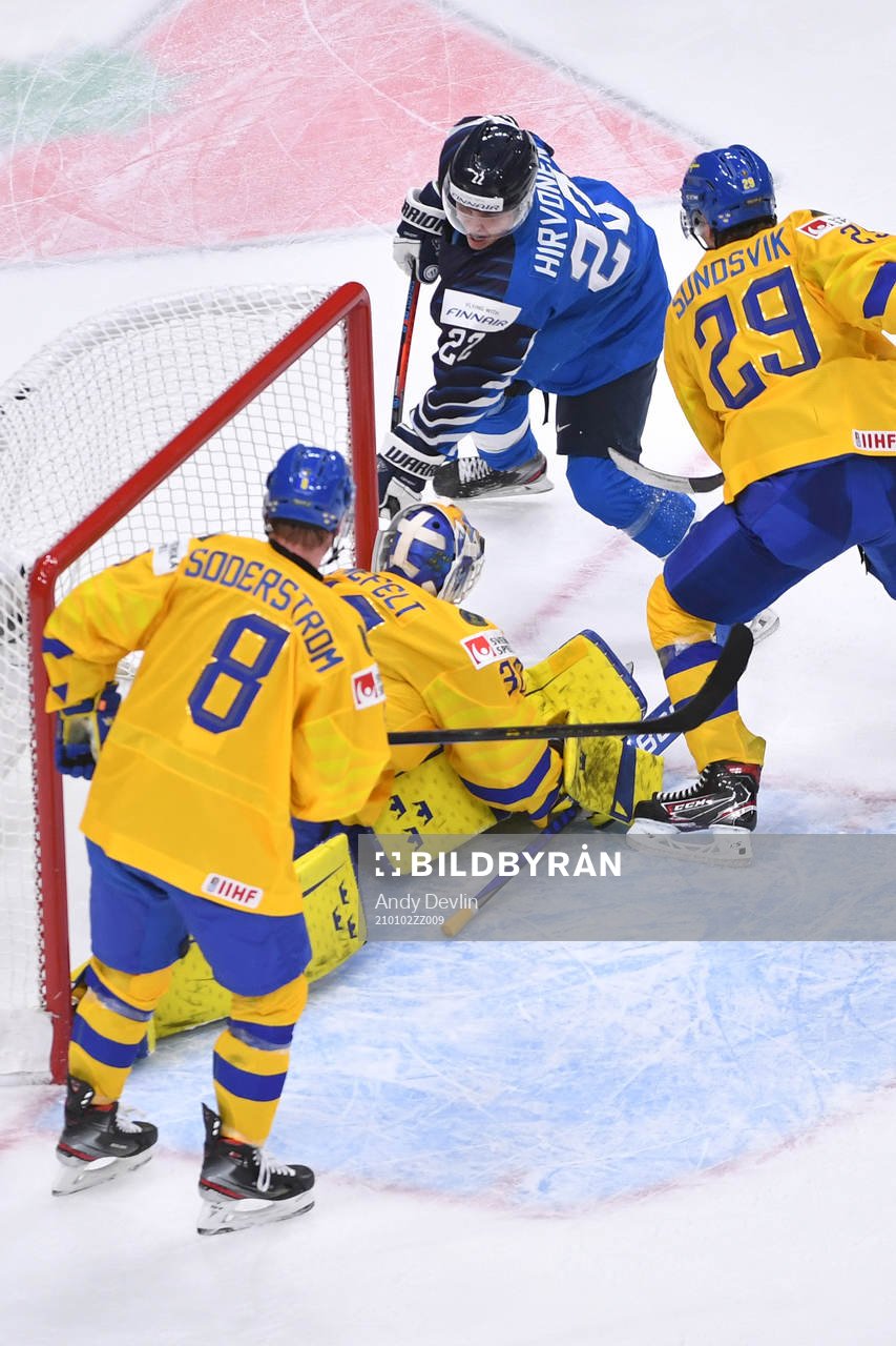 Roni Hirvonen of Finland scores the game winning goal