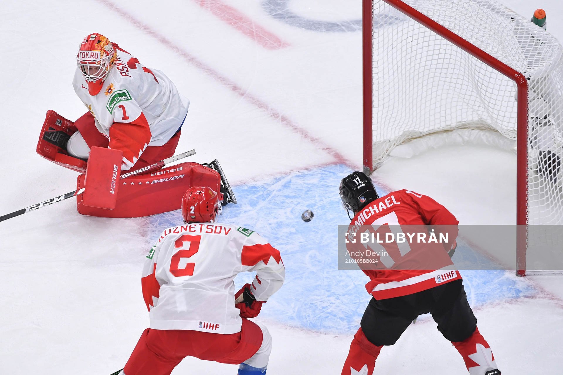 Connor McMichael of Canada scores the 2-0 goal
