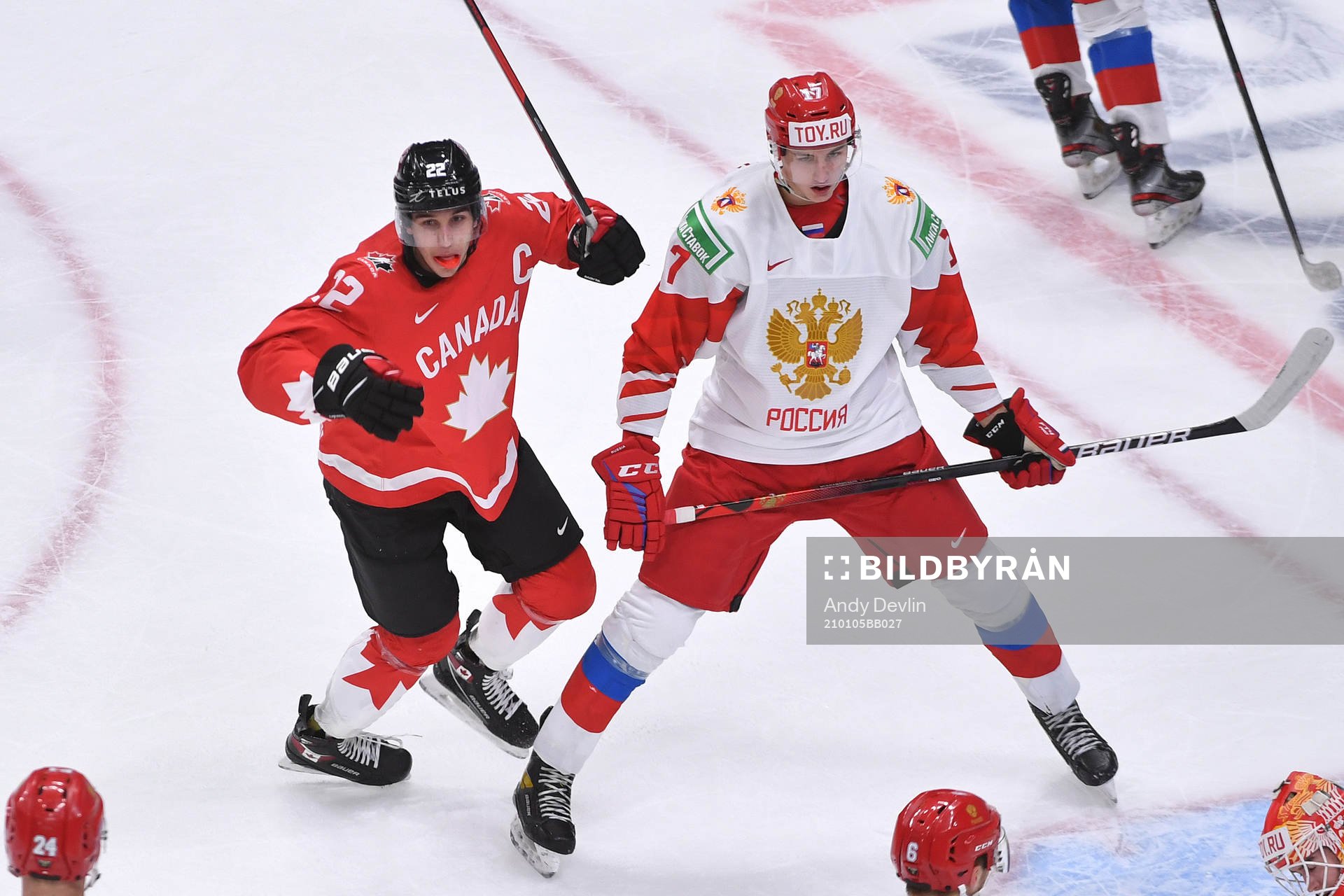 Dylan Cozens of Canada celebrates Cole Perfetti's 3-0 goal