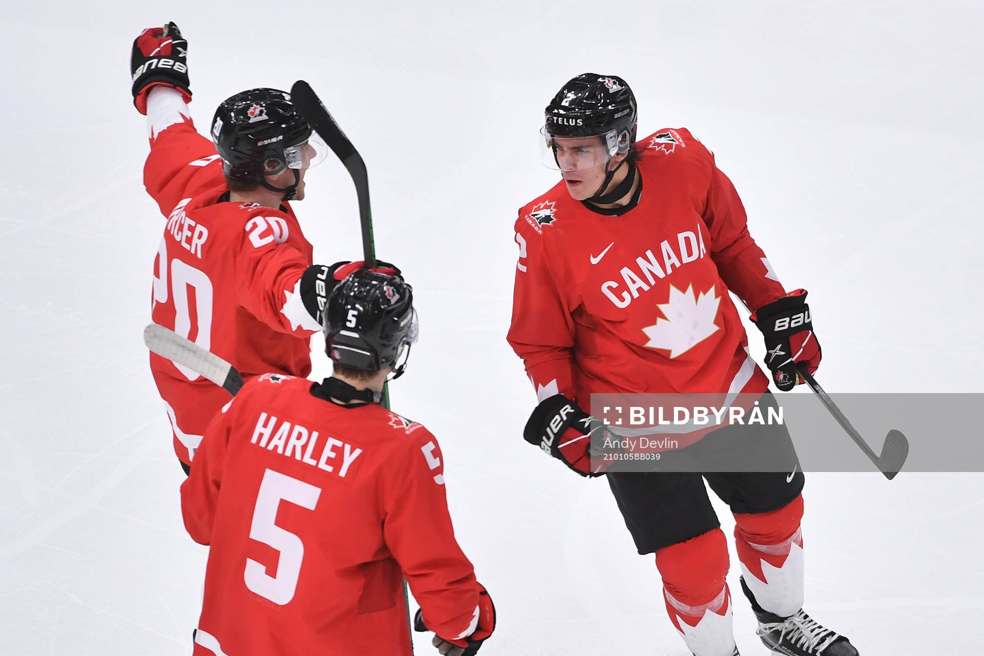 Braden Schneider of Canada celebrates the 4-0 goal with