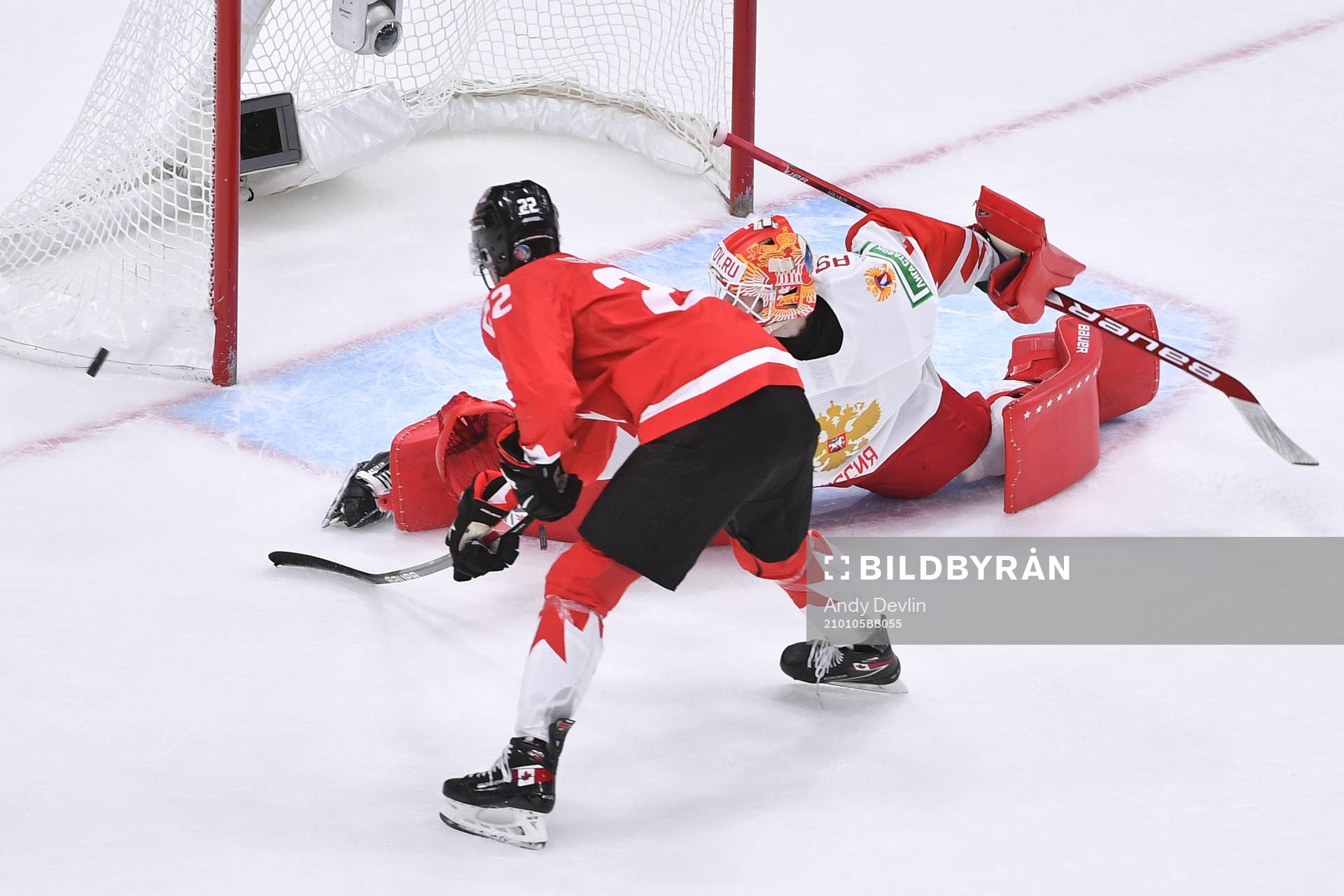 Yaroslav Askarov of Russia makes a save