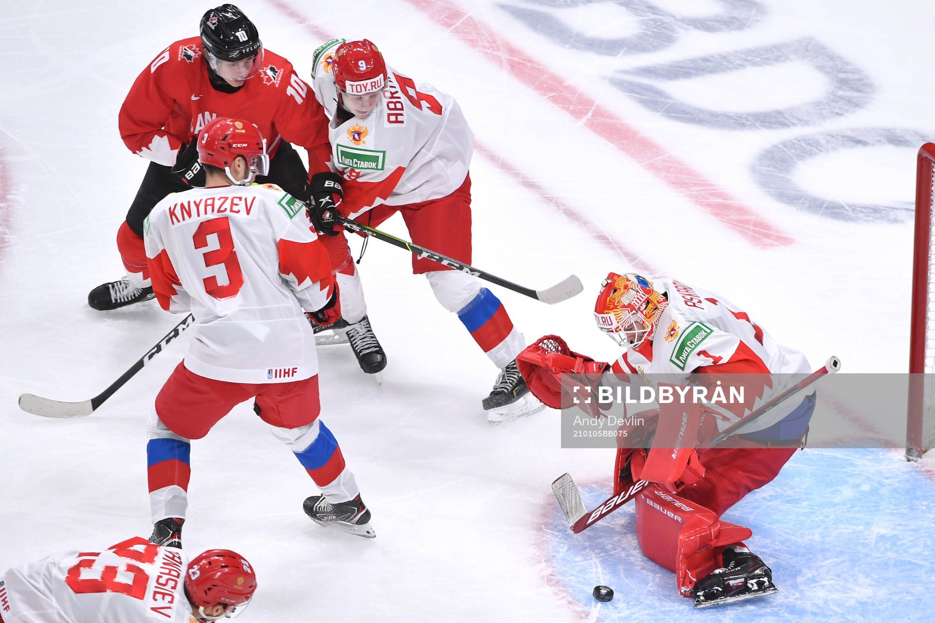 Yaroslav Askarov of Russia makes a save