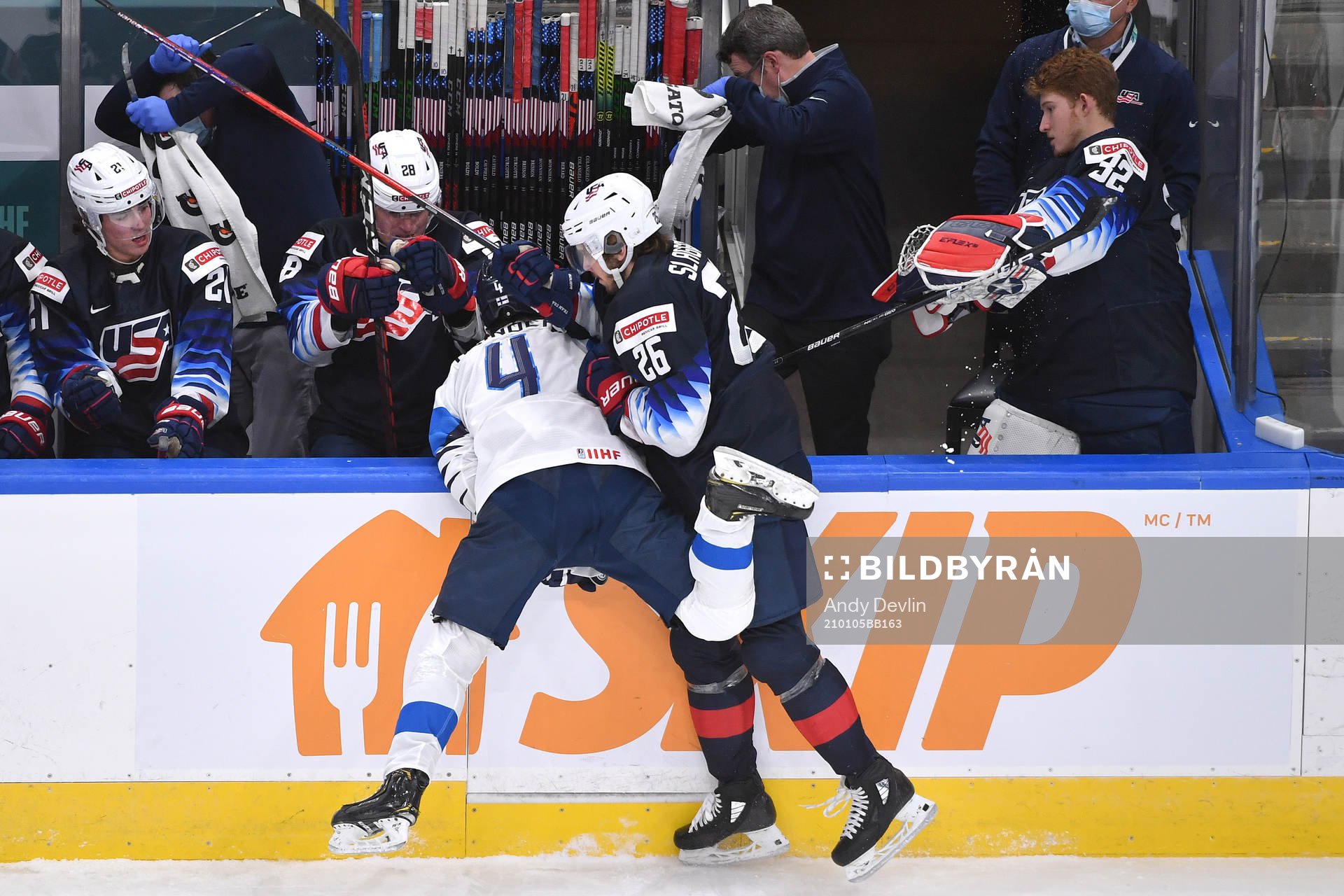 Ville Heinola of Finland collides with Landon Slaggert of