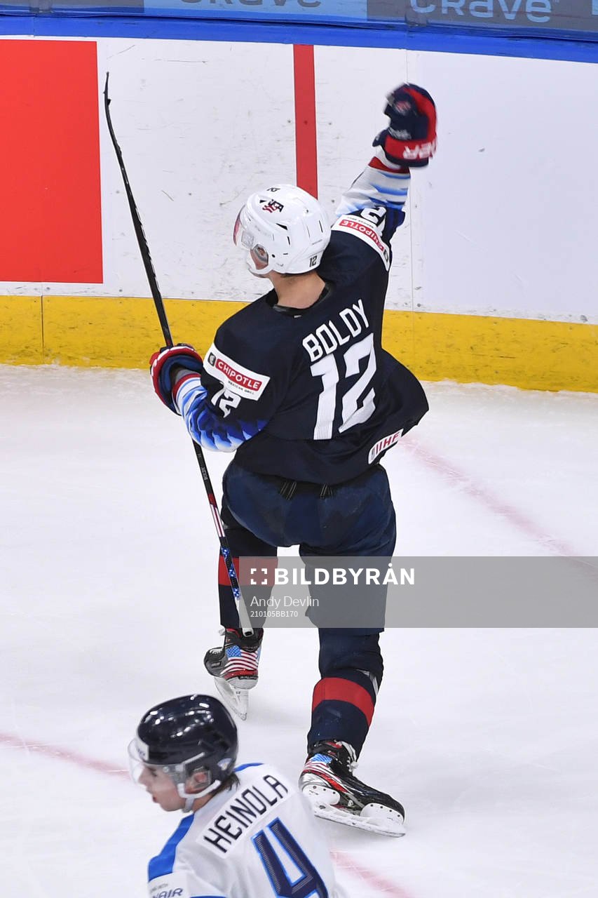 Matthew Boldy of USA celebrates his second period goal