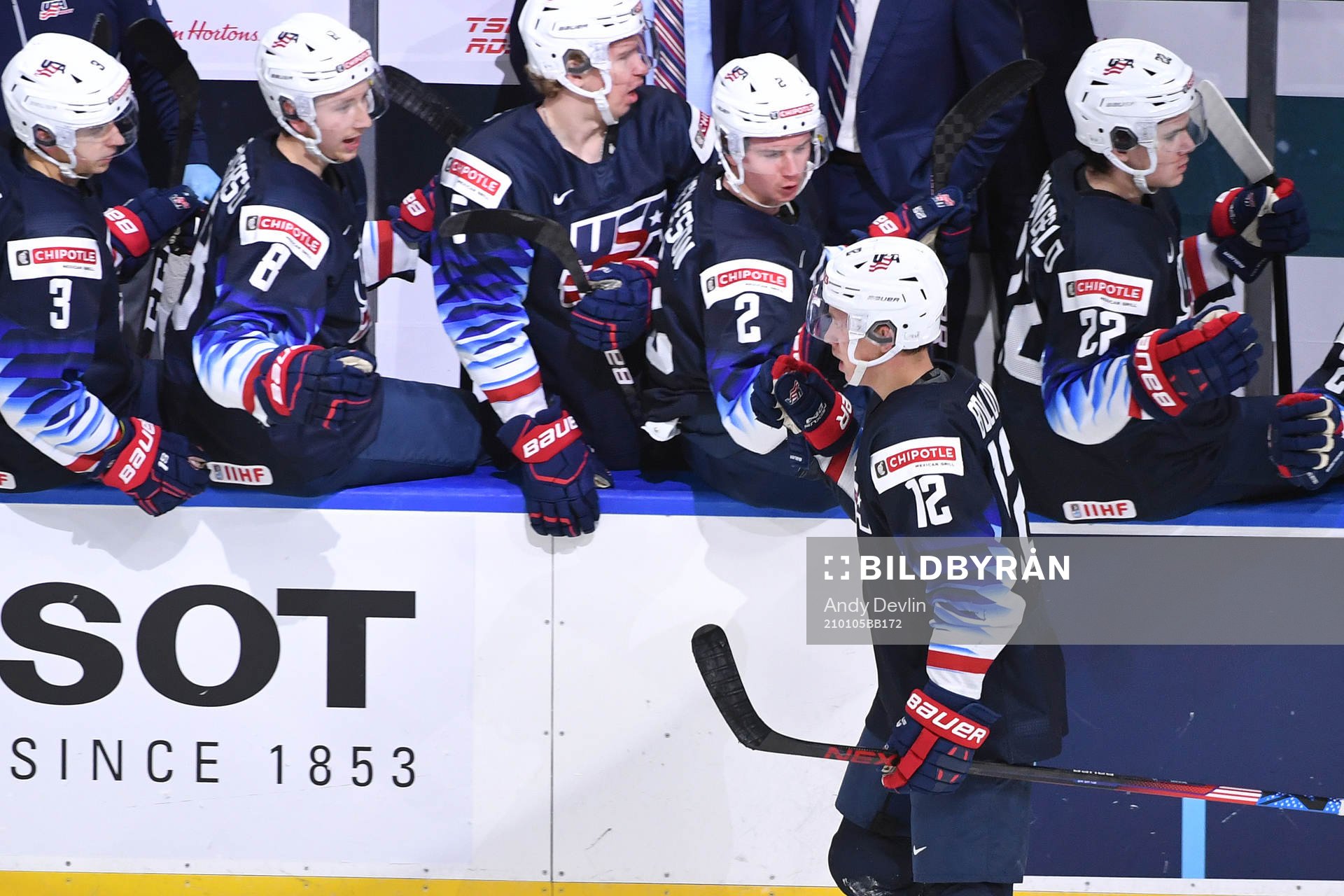 Matthew Boldy of USA celebrates his second period goal