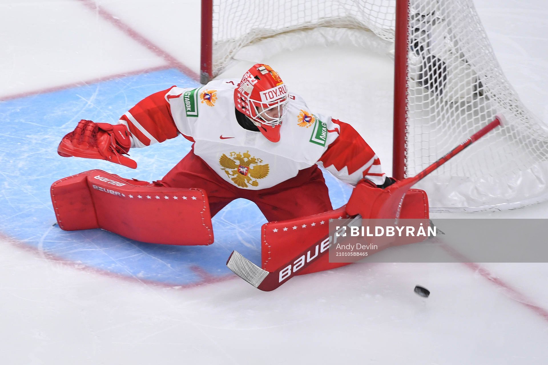 Yaroslav Askarov of Russia makes a save