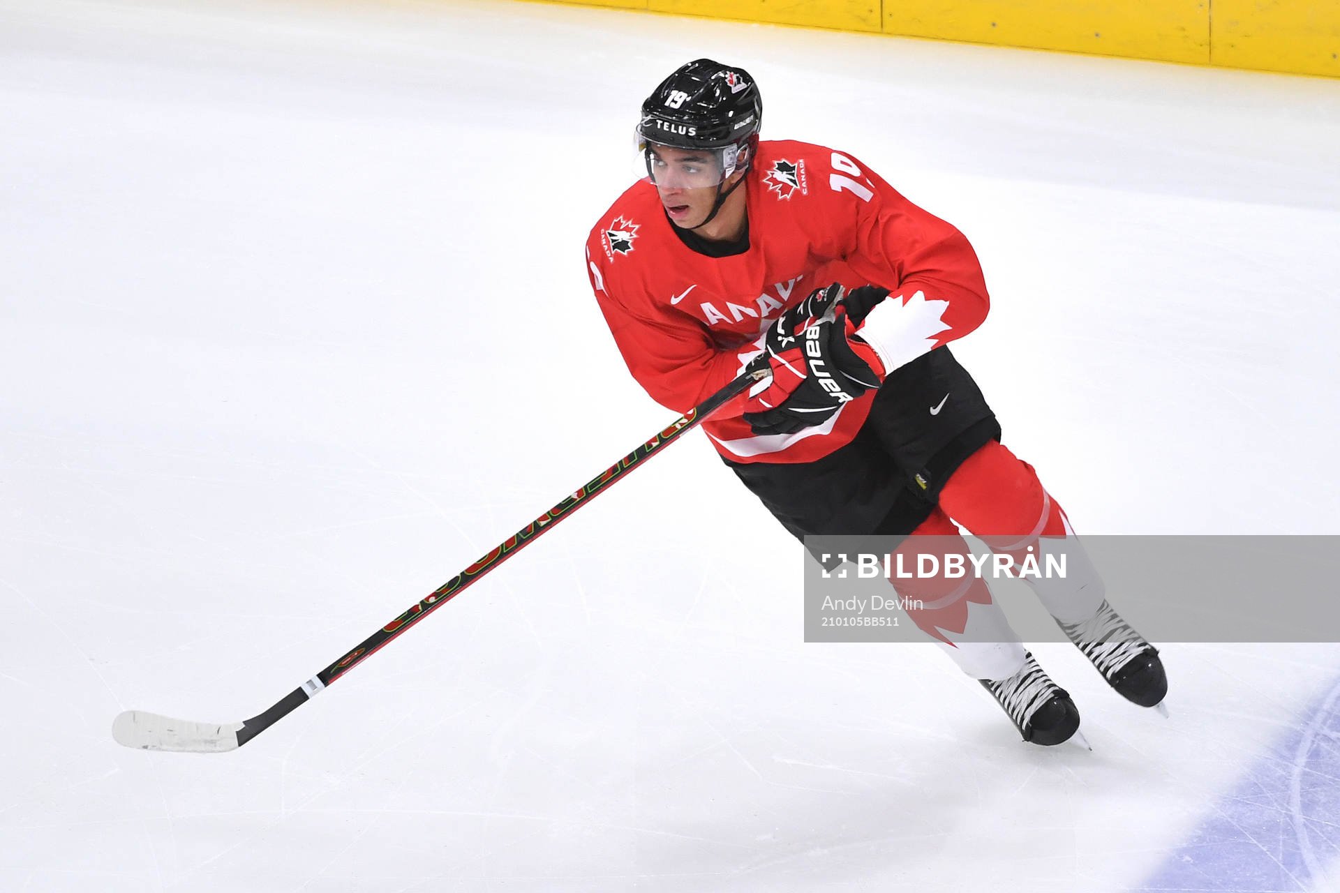 Quinton Byfield of Canada participates in warm up