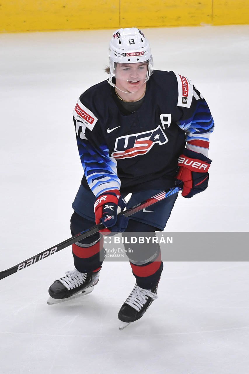 Cole Caufield of USA participates in warm up