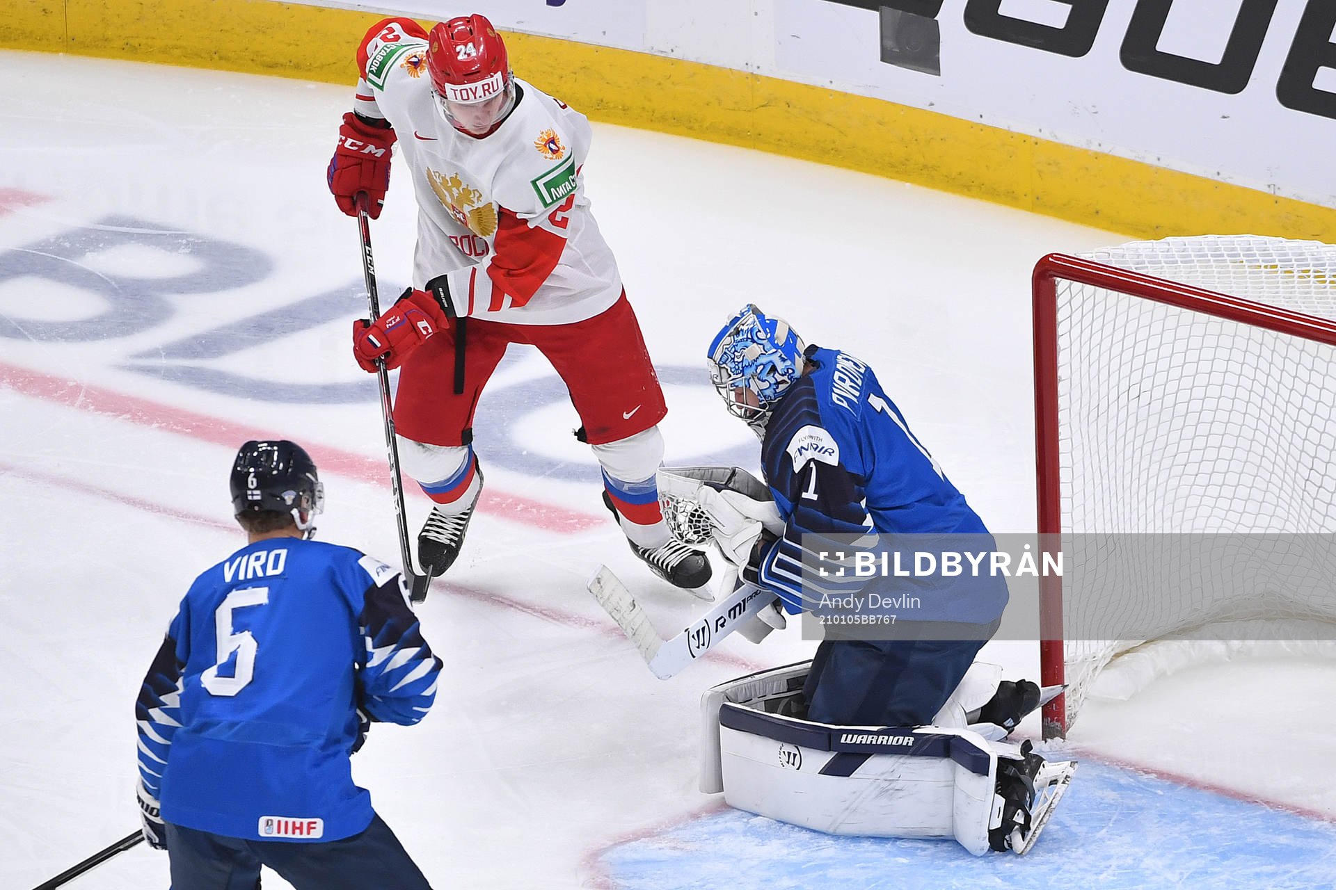 Kari Piiroinen of Finland makes a save as Ilya Safonov of
