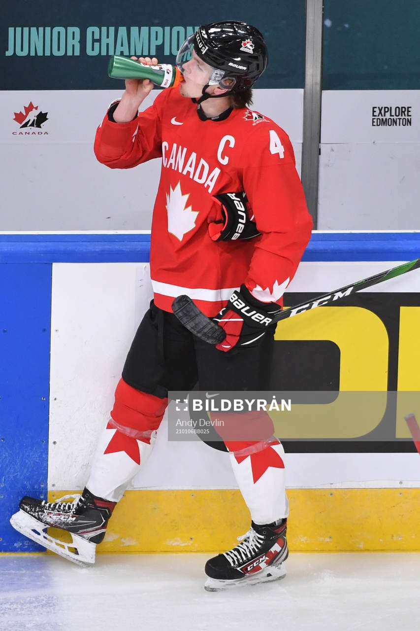 Bowen Byram of Canada takes a water break