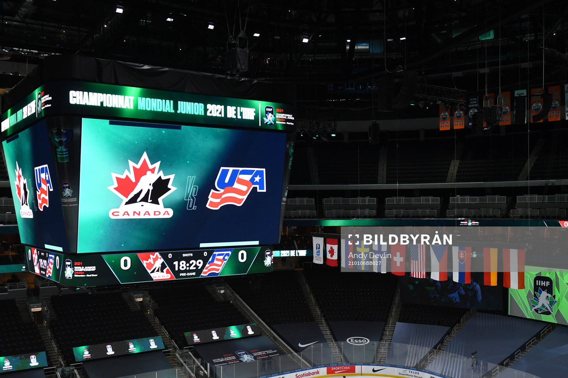 The score clock at Rogers Place displays the logos of both