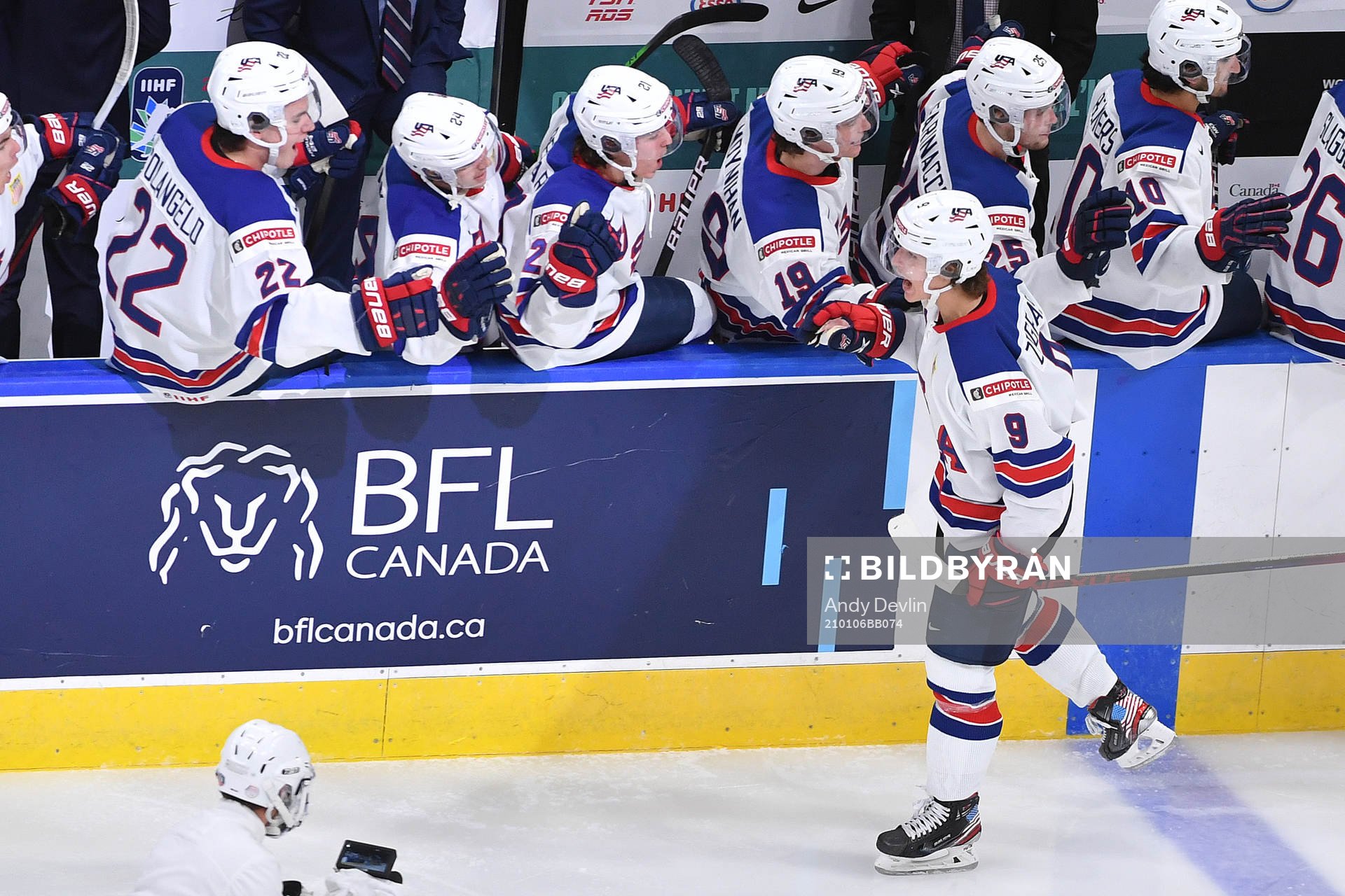 Trevor Zegras of USA celebrates the 2-0 goal with teammates
