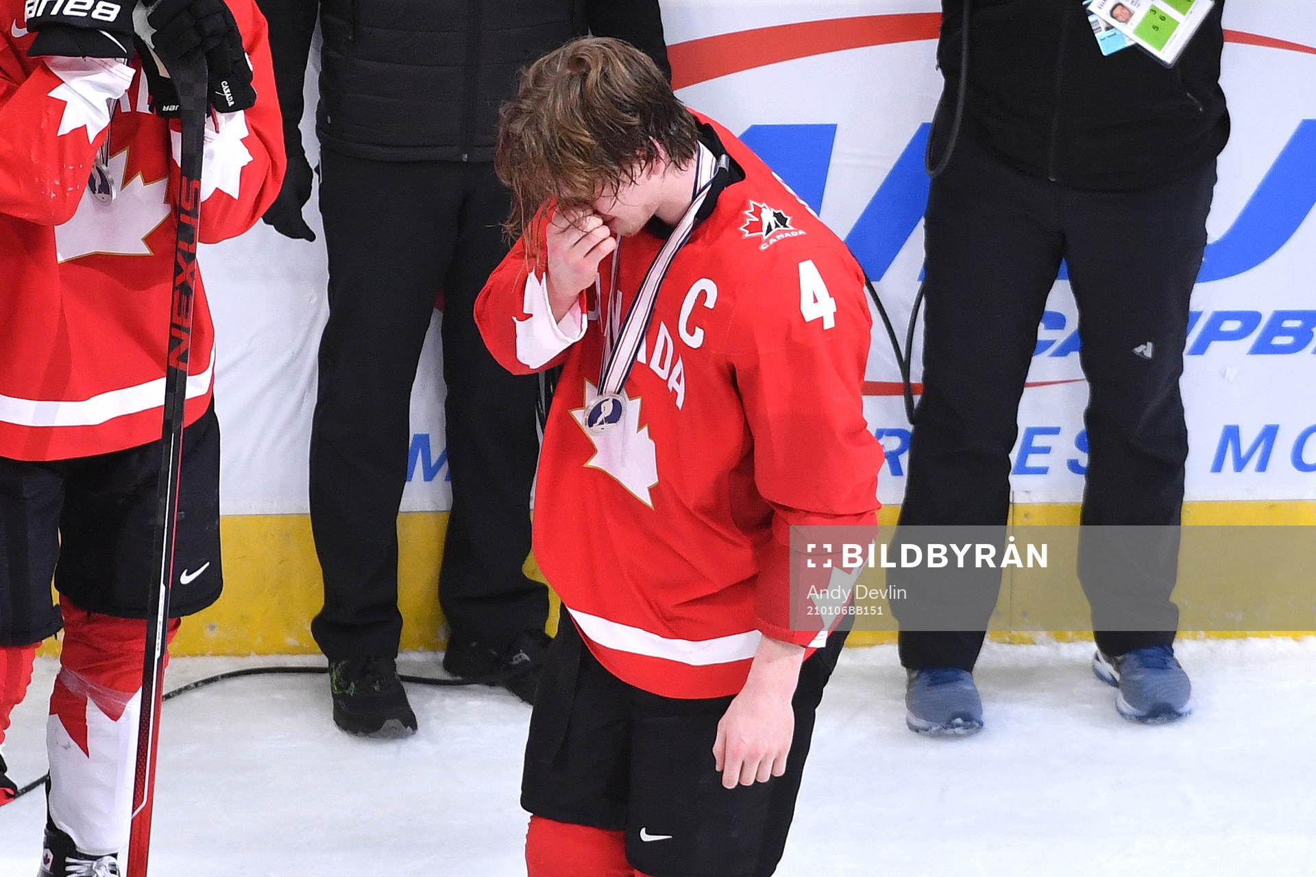 Bowen Byram of Canada hangs his head in disappointment