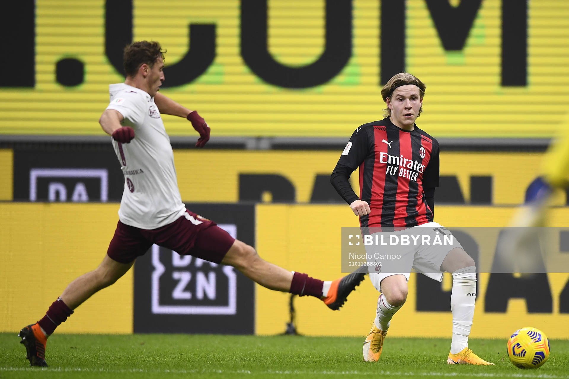 Jens Petter Hauge of Milan during the Italy Cup match between Milan and Torino on January 12, 2021 in Milan.