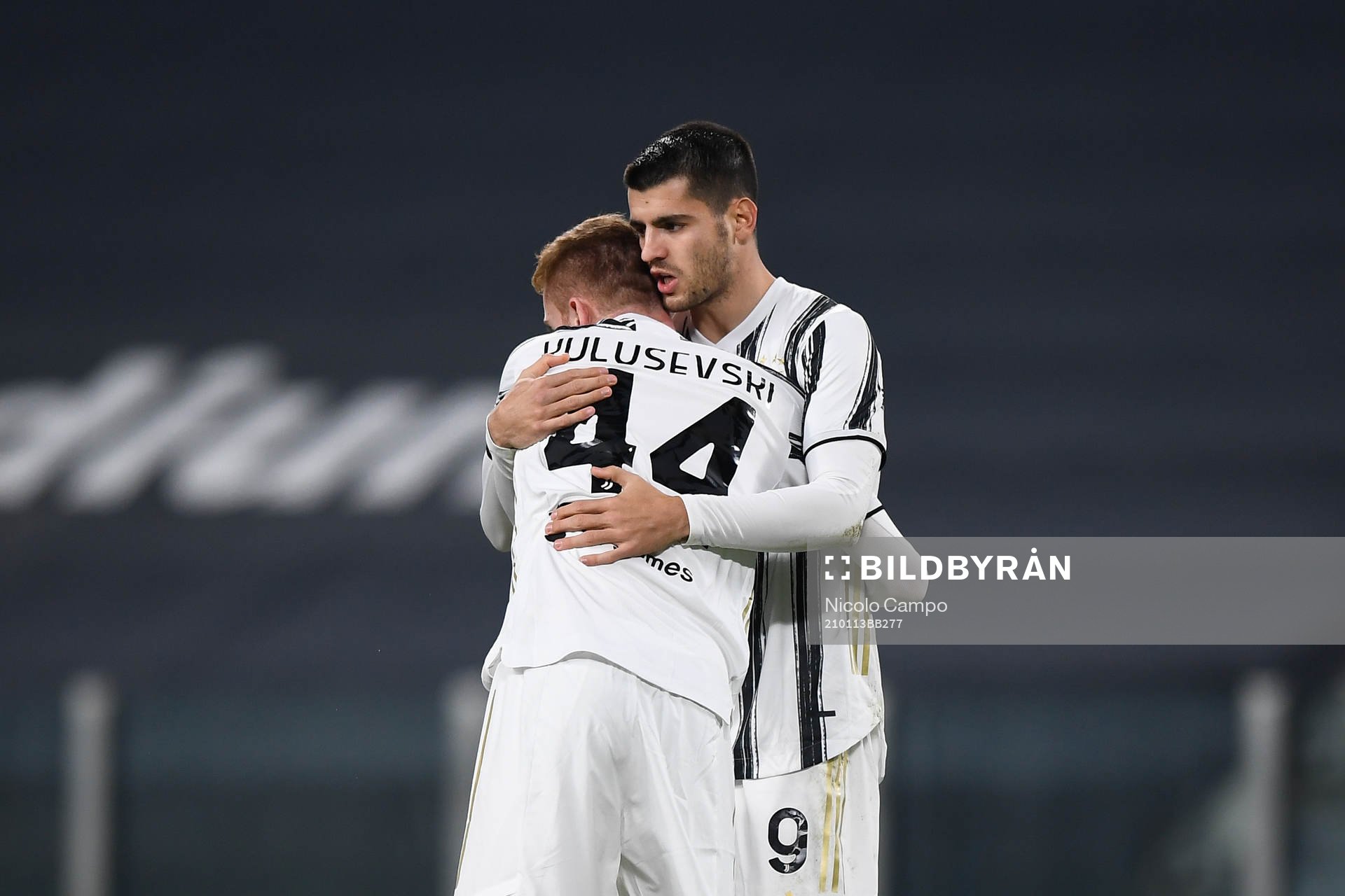Dejan Kulusevski of Juventus celebrates after scoring the 1-0 goal during the Coppa Italia match between Juventus and Genoa on January 13, 2021 in Turin.