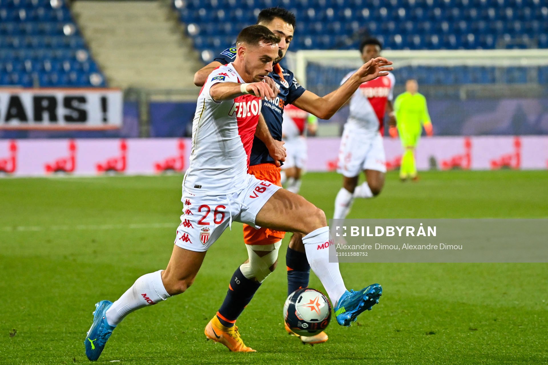Fotboll, Franska Ligan, Montpellier - Monaco: Ruben AGUILAR of Monaco and Gaetan LABORDE of Montpellier during the Ligue 1 match between Montpellier and Monaco at Stade de la Mosson on January 15, 2021 in Montpellier, France. (