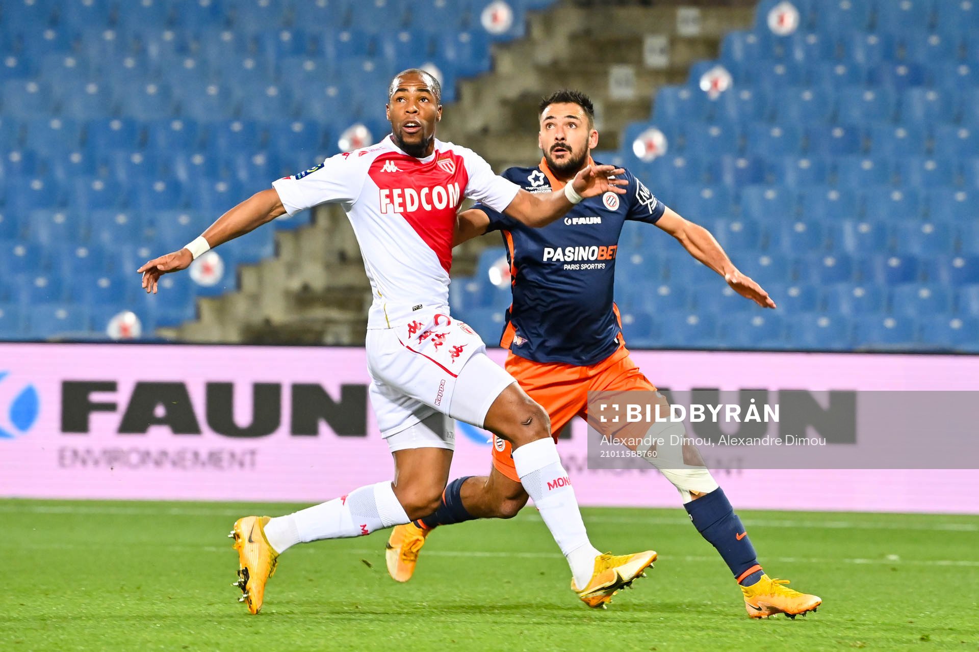 Fotboll, Franska Ligan, Montpellier - Monaco: Djibril SIDIBE of Monaco and Gaetan LABORDE of Montpellier during the Ligue 1 match between Montpellier and Monaco at Stade de la Mosson on January 15, 2021 in Montpellier, France. (