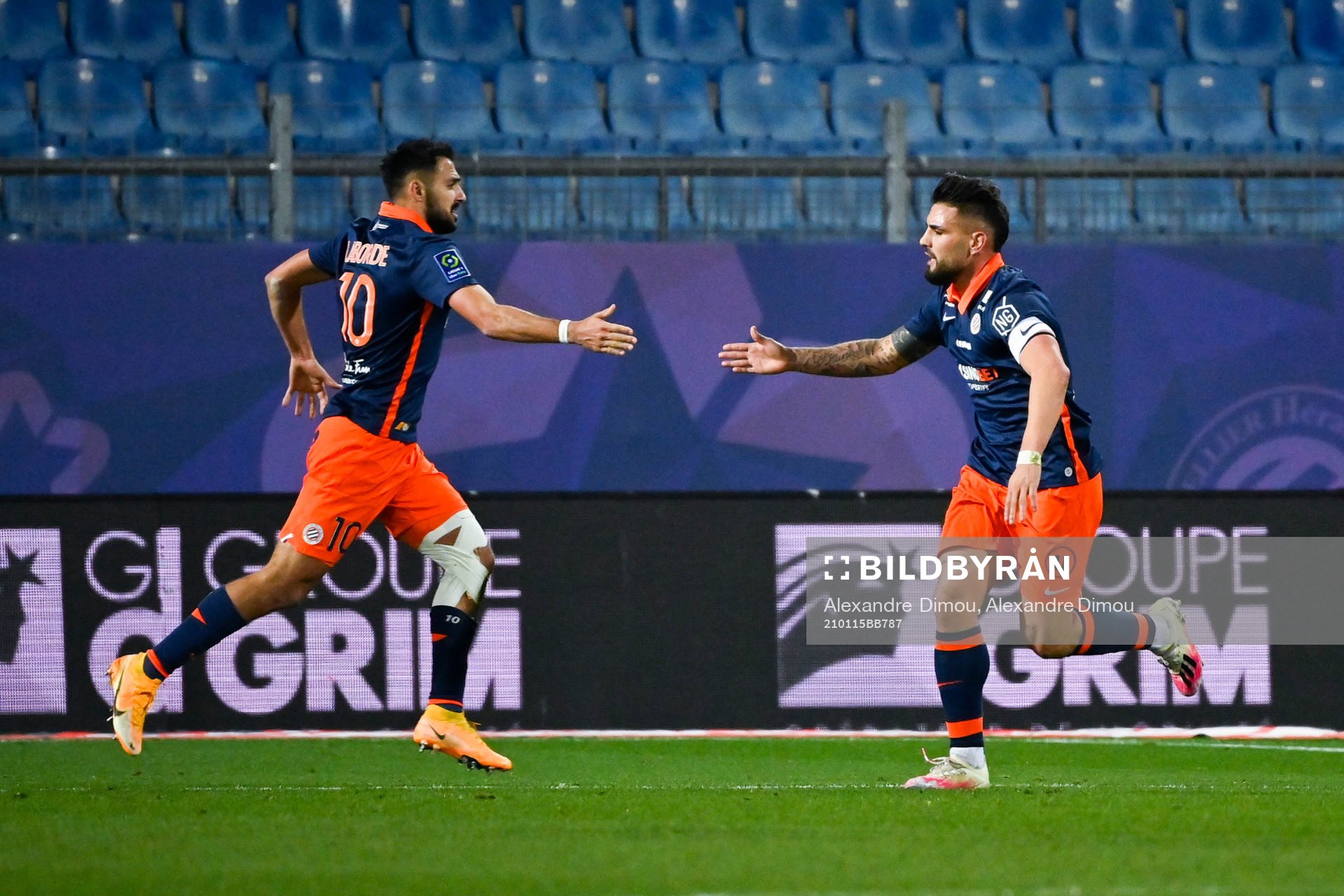 Fotboll, Franska Ligan, Montpellier - Monaco: Andy DELORT of Montpellier celebrates his coring with Gaetan LABORDE of Montpellier during the Ligue 1 match between Montpellier and Monaco at Stade de la Mosson on January 15, 2021 in Montpellier, France. (
