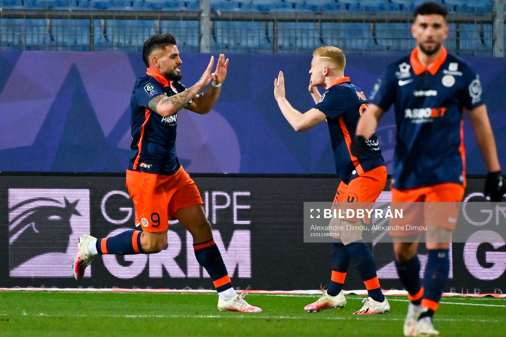 Fotboll, Franska Ligan, Montpellier - Monaco: Andy DELORT of Montpellier celebrates his scoring with teammates during the Ligue 1 match between Montpellier and Monaco at Stade de la Mosson on January 15, 2021 in Montpellier, France. (