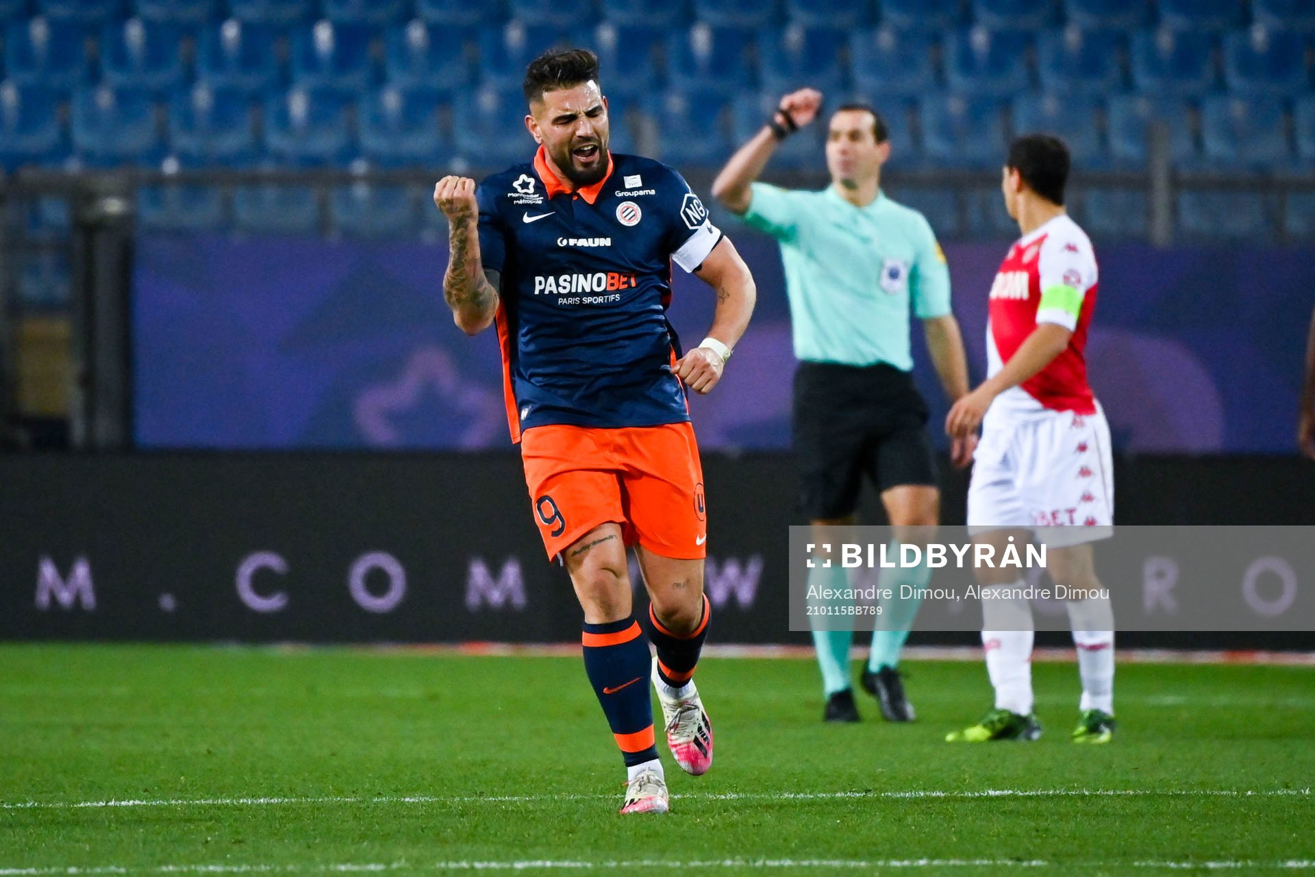 Fotboll, Franska Ligan, Montpellier - Monaco: Andy DELORT of Montpellier celebrates his scoring during the Ligue 1 match between Montpellier and Monaco at Stade de la Mosson on January 15, 2021 in Montpellier, France. (