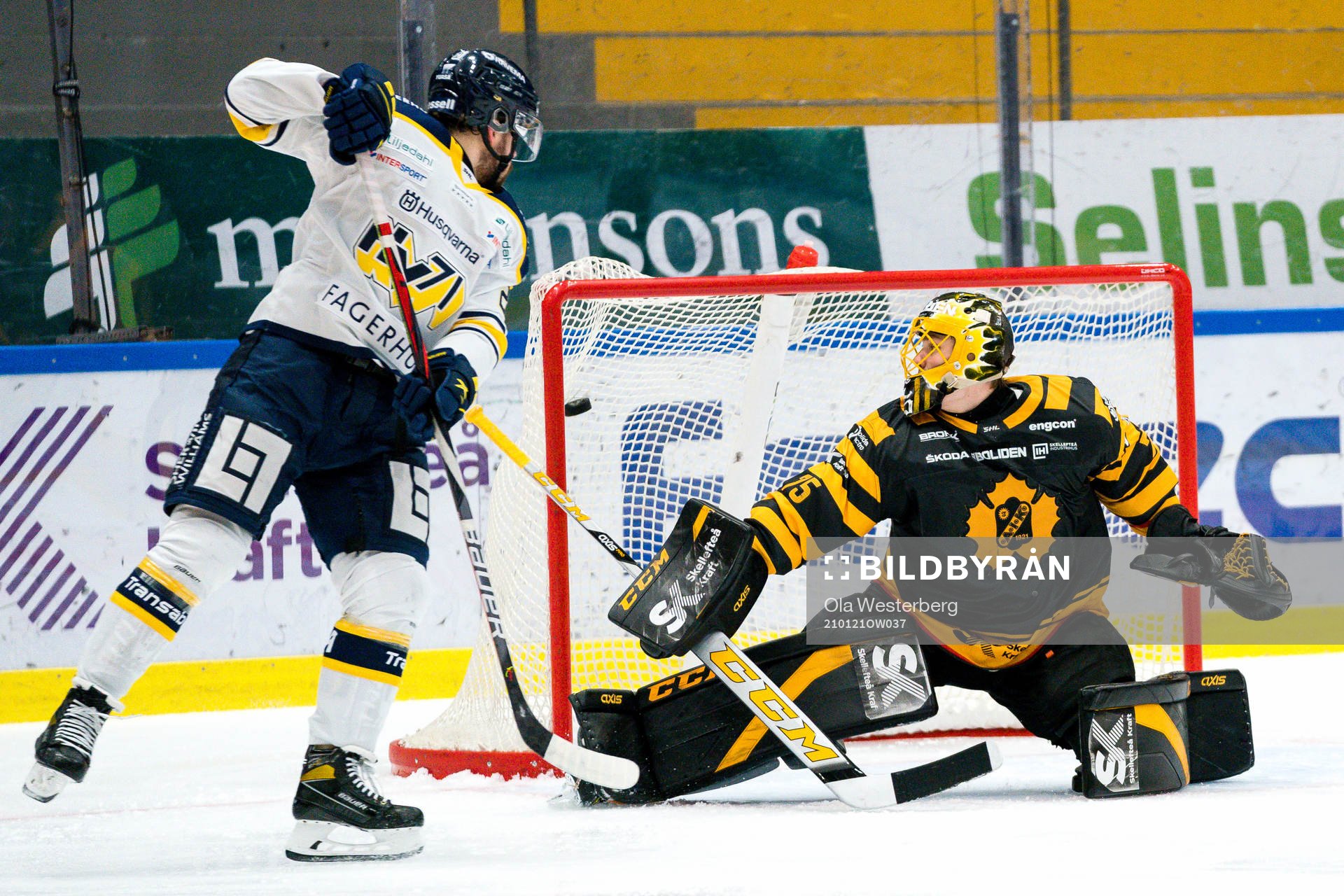 Skellefteås målvakt Arvid Söderblom släpper in en puck