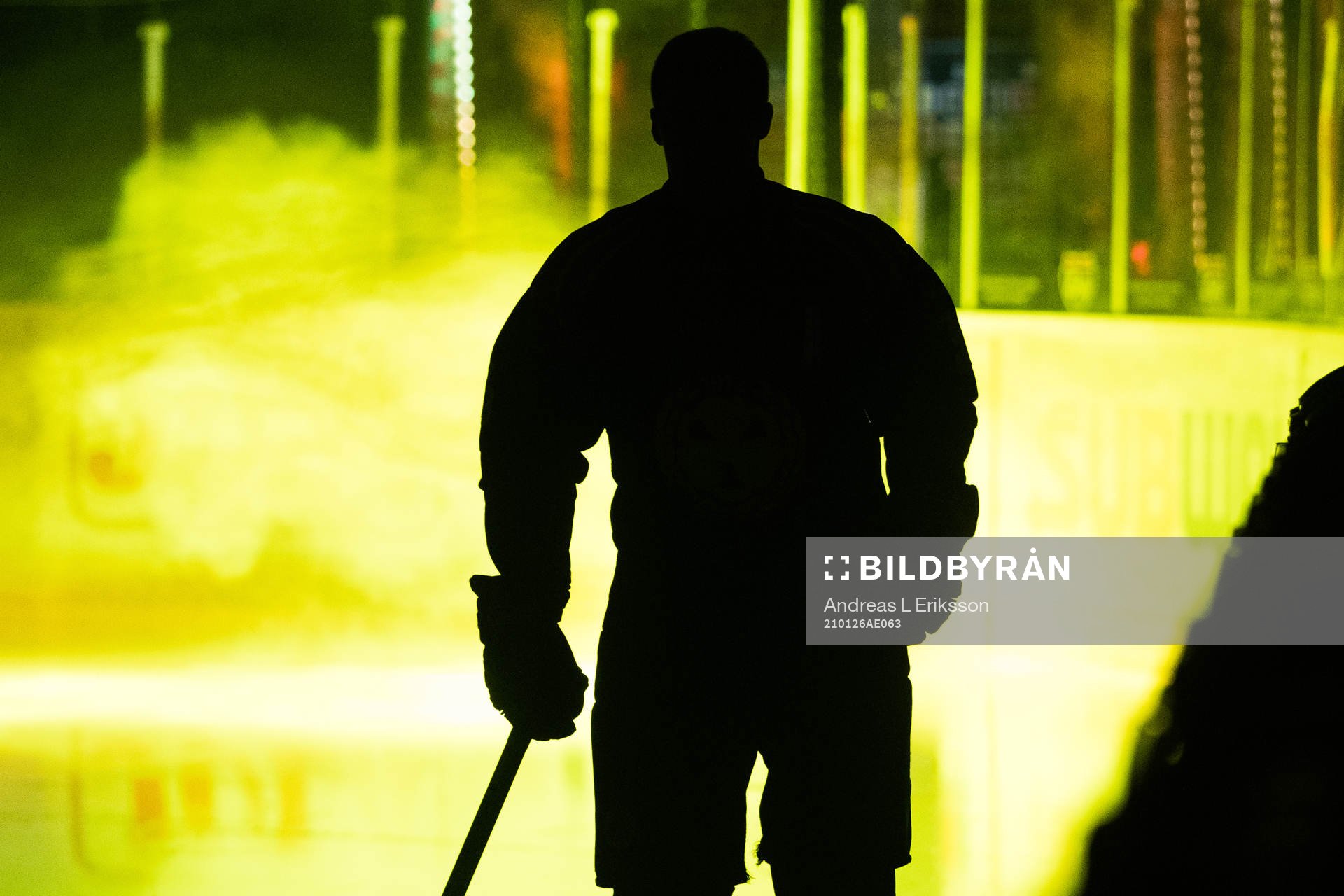 En siluett av en spelare innan ishockeymatchen i SHL mellan