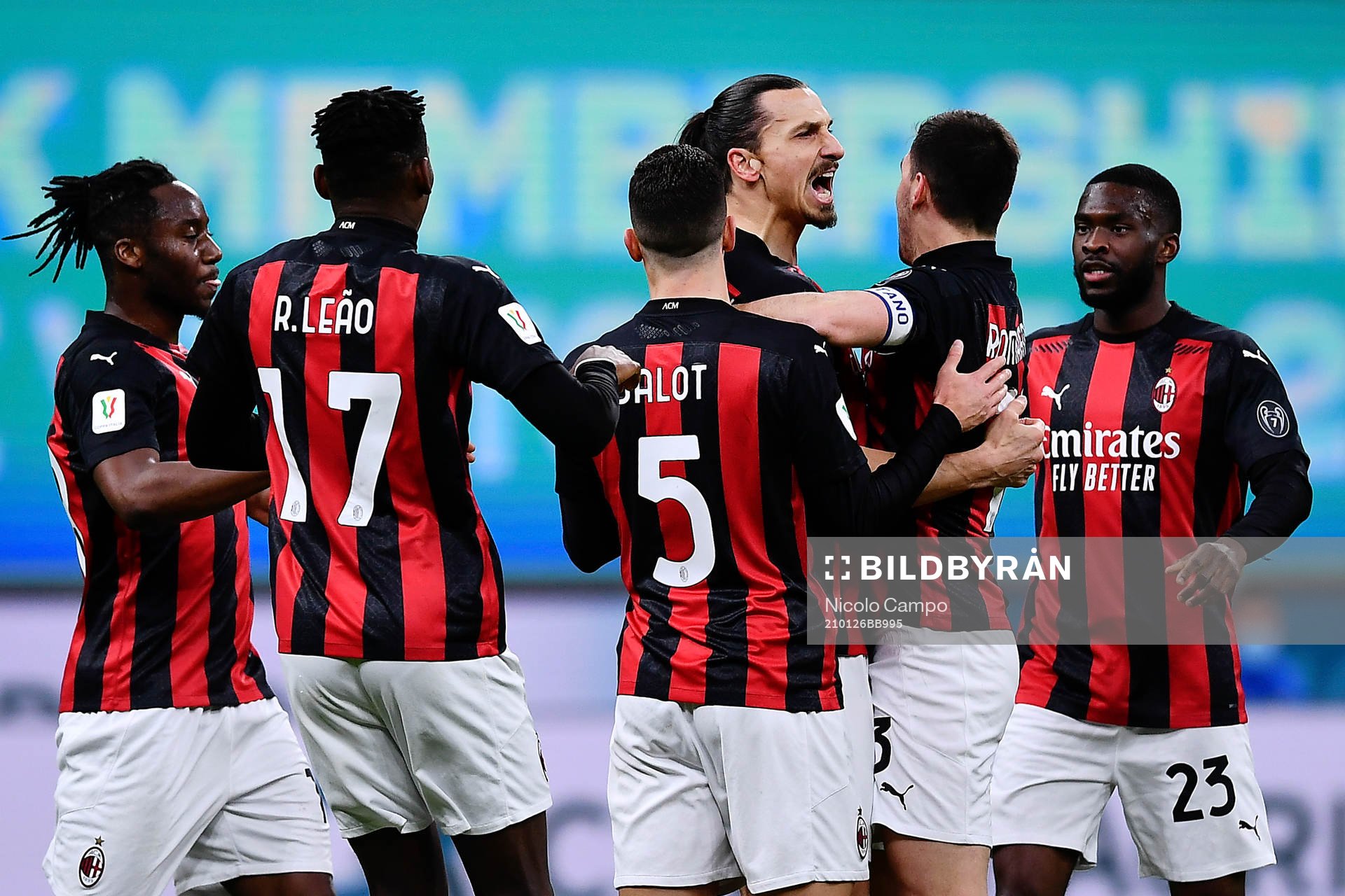 Zlatan Ibrahimovic of Milan celebrates after scoring 0-1 during the Coppa Italia match between Inter and Milan on January 26, 2021 in Milan.