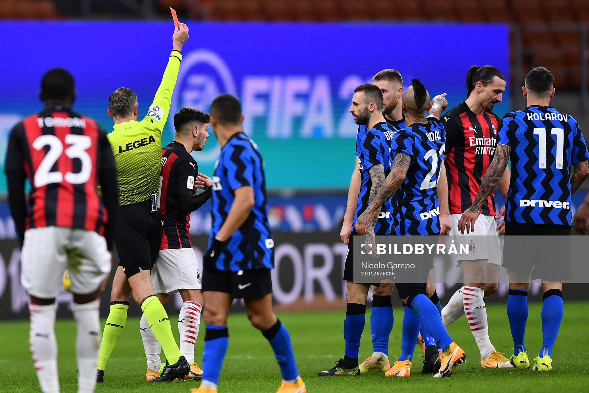 Zlatan Ibrahimovic of Milan receives a red card