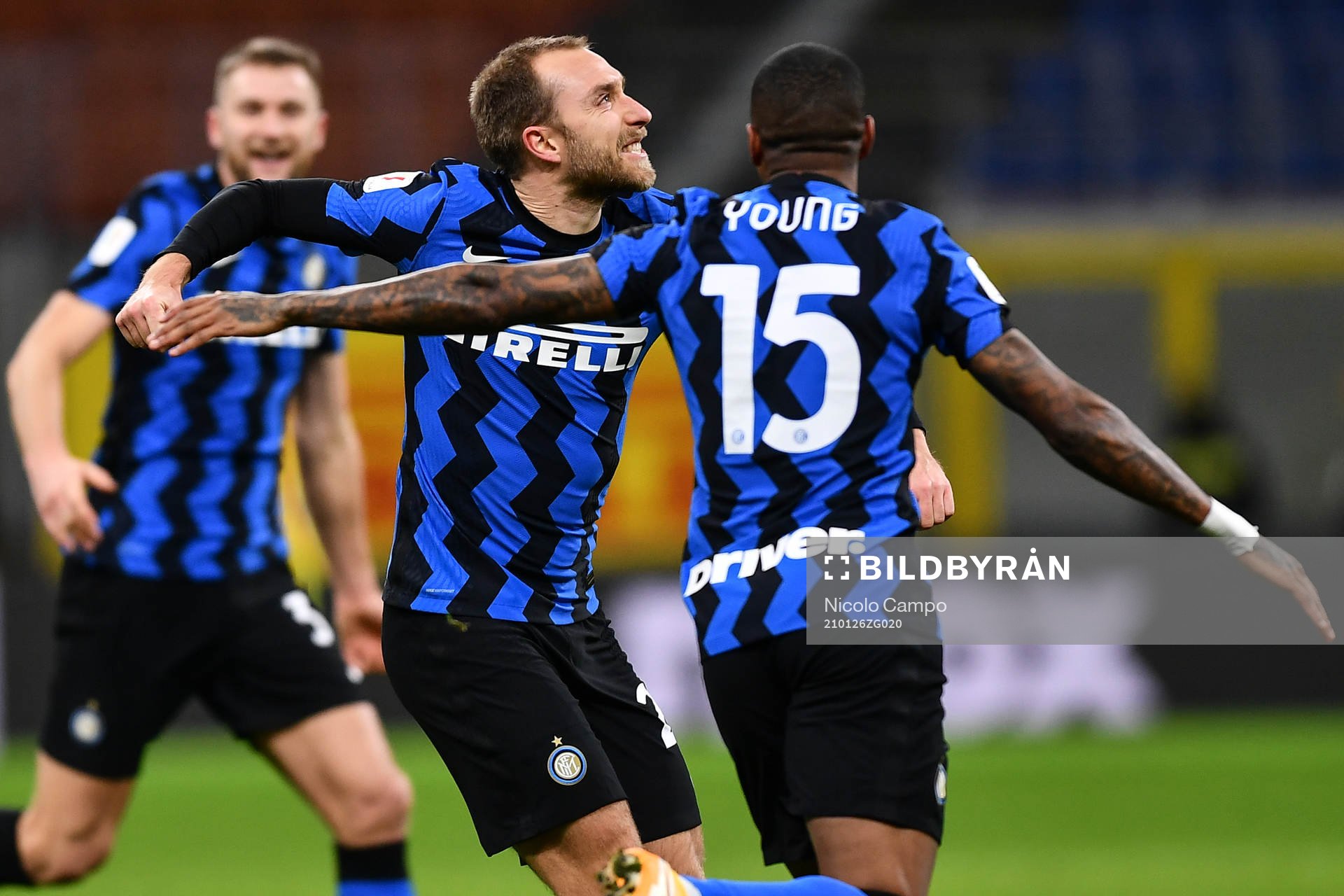 Christian Eriksen of Inter celebrates after scoring 2-1 during the Coppa Italia match between Inter and Milan on January 26, 2021 in Milan.