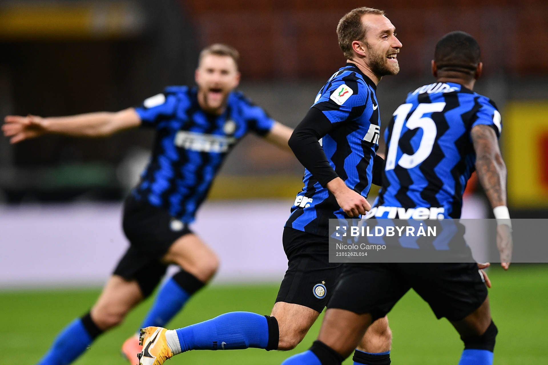 Christian Eriksen of Inter celebrates after scoring 2-1 during the Coppa Italia match between Inter and Milan on January 26, 2021 in Milan.