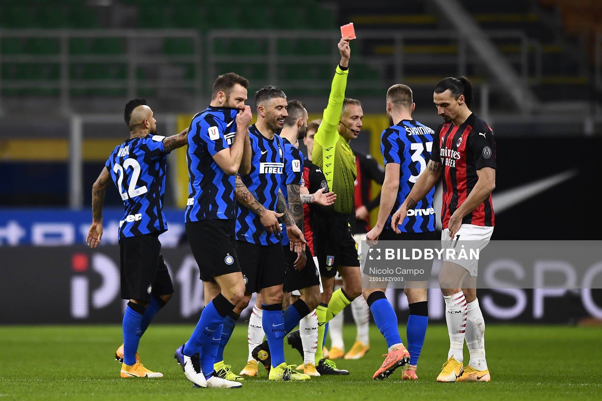 Zlatan Ibrahimovic of Milan receives a red card