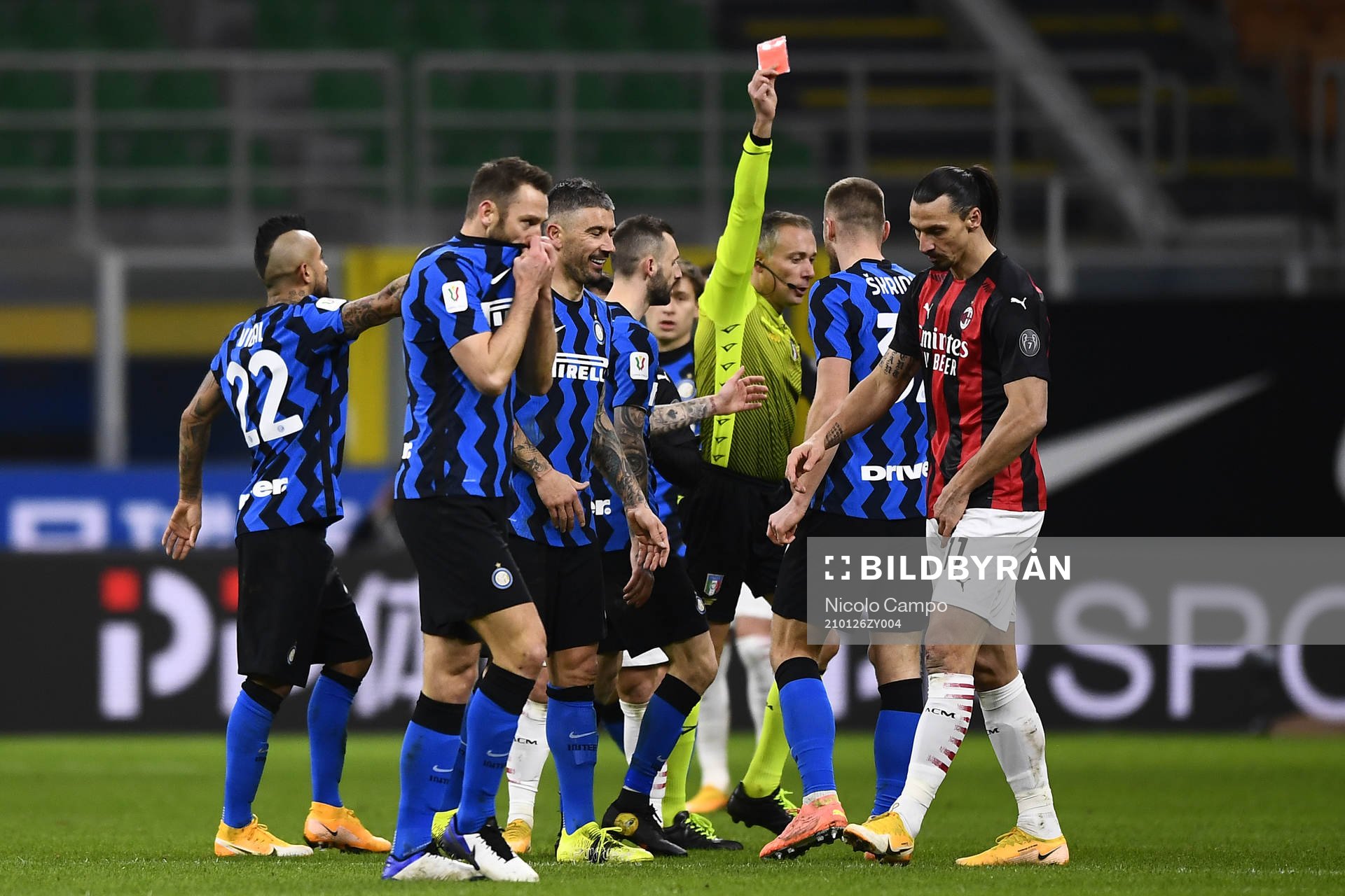 Zlatan Ibrahimovic of Milan receives a red card