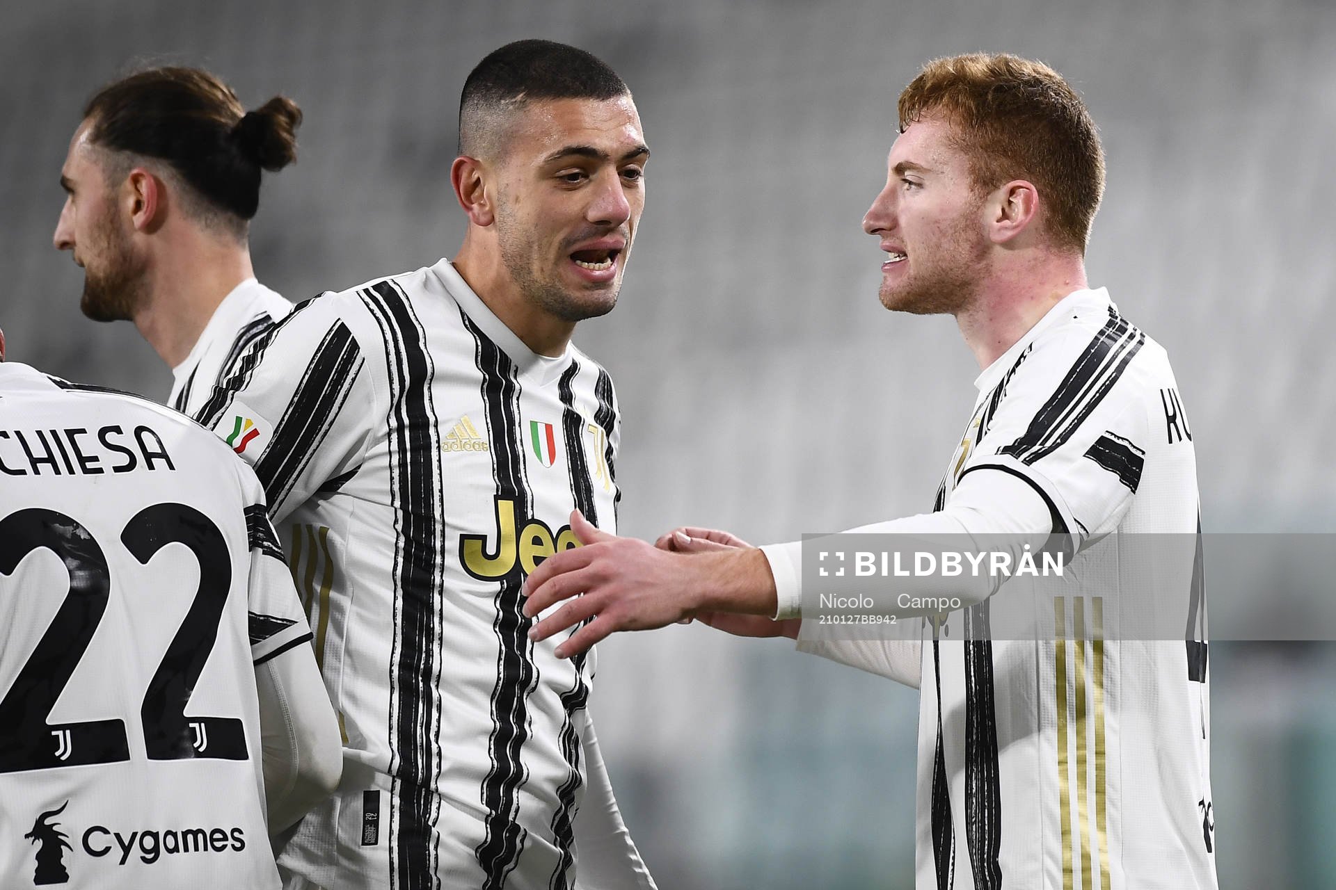 Dejan Kulusevski of Juventus celebrate with teammates