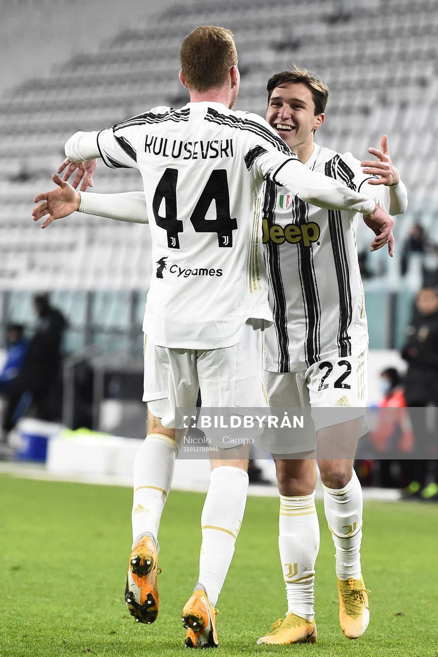 Dejan Kulusevski of Juventus celebrate with teammates