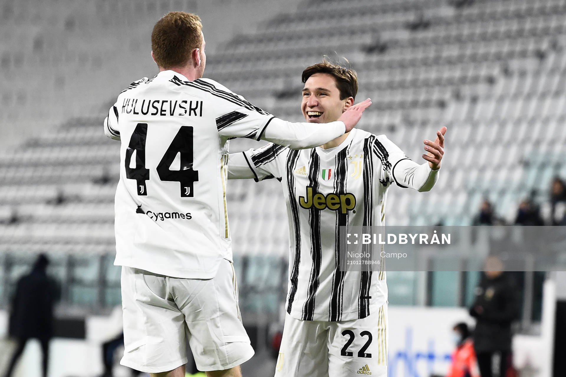 Dejan Kulusevski of Juventus celebrate with teammates