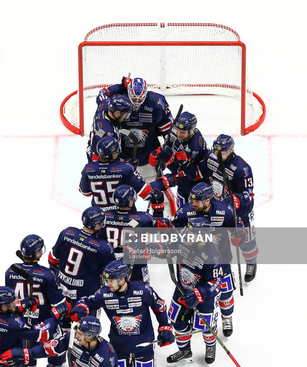 Linköpings spelare jublar med målvakt Niklas Lundström