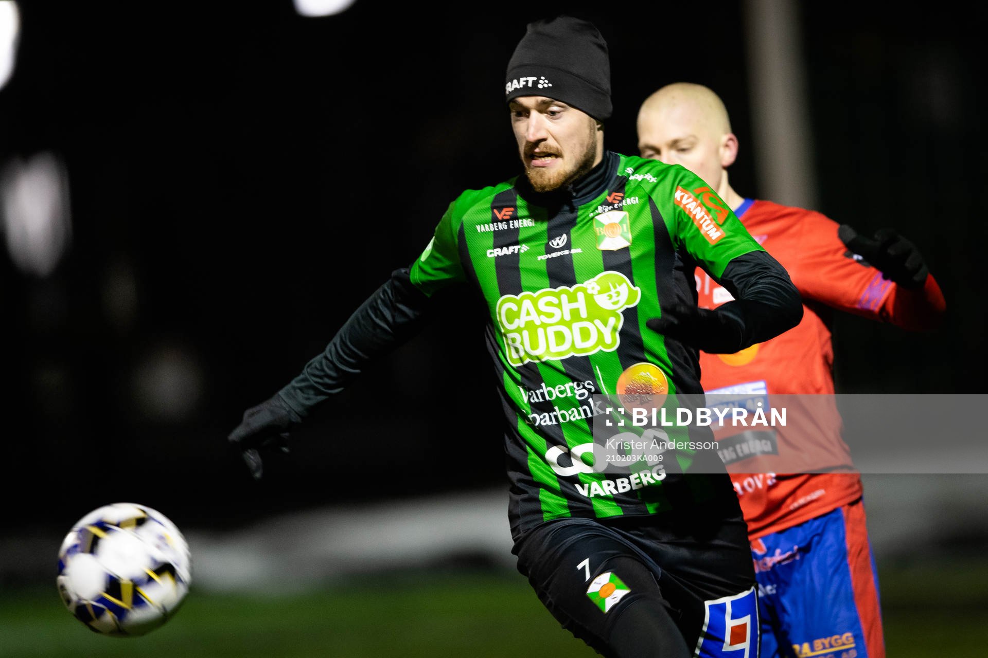Varbergs Robin Tranberg under träningsmatchen i fotboll mellan Varberg och Tvååker den 3 februari 2021 i Varberg. 