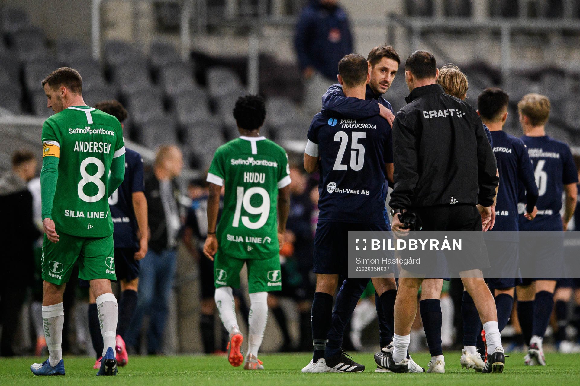Akropolis tränare Mirza Jelecak jublar efter en träningsmatch i fotboll mellan Hammarby och Akropolis den 3 februari 2021 i Stockholm.