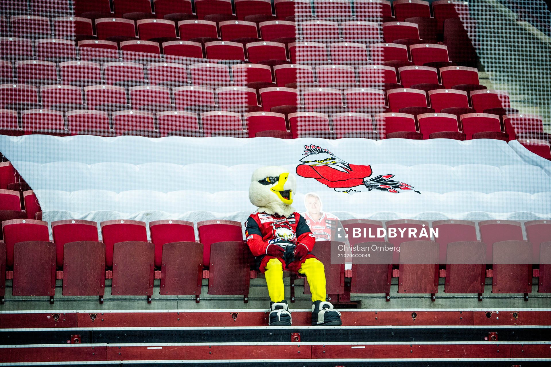 Malmö Redhawks maskot Hawkan ensam på läktaren i Malmö