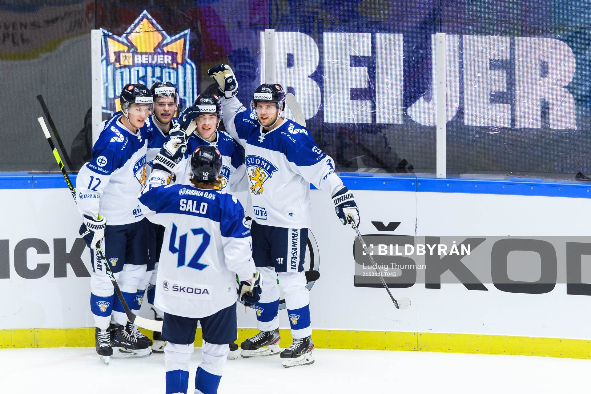 Jere Innala of Finland celebrate with teammates