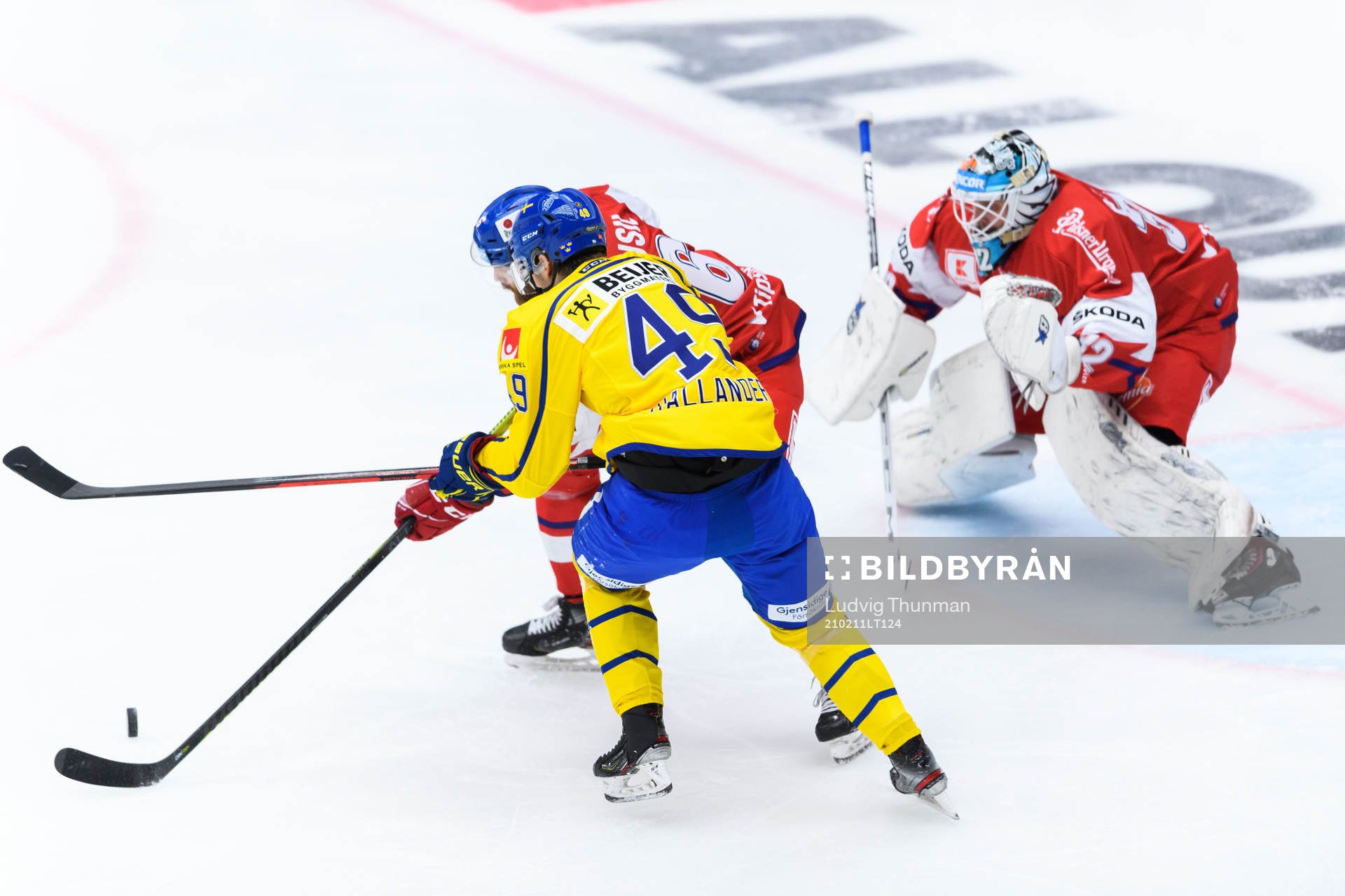 Filip Hållander of Sweden and goalkeeper Patrik Bartosak