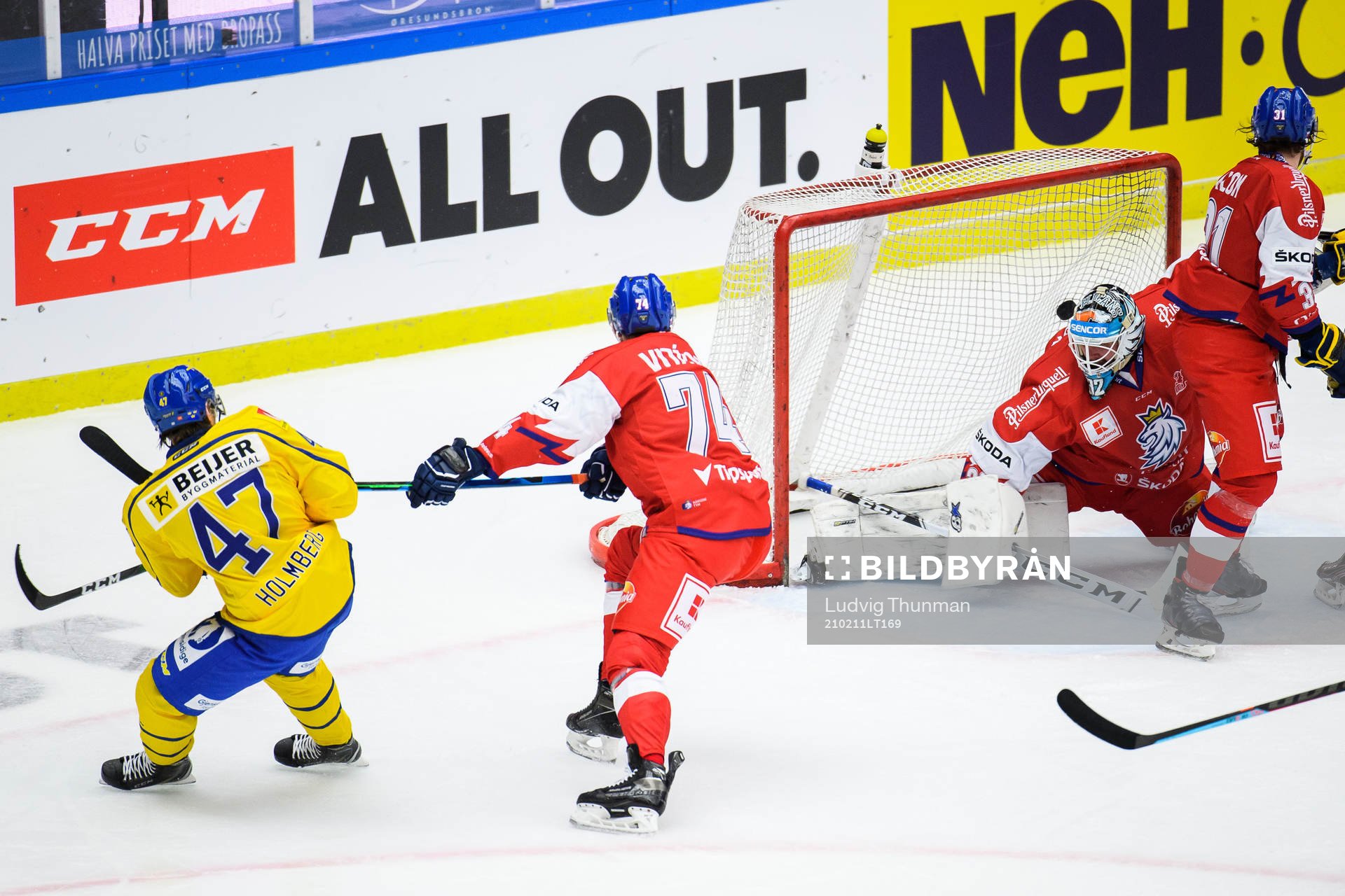 Pontus Holmberg of Sweden scores the 1-2 goal behind