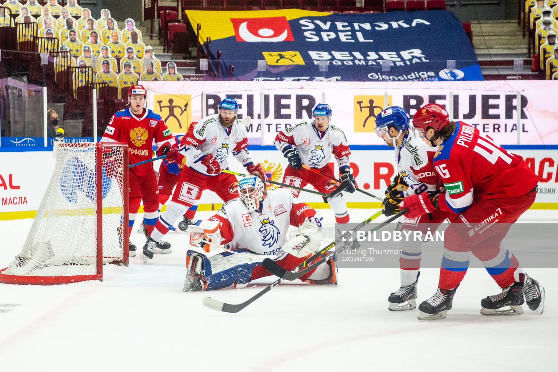 Goalkeeper Yaroslav Askarov of Russia and Matej Blumel of
